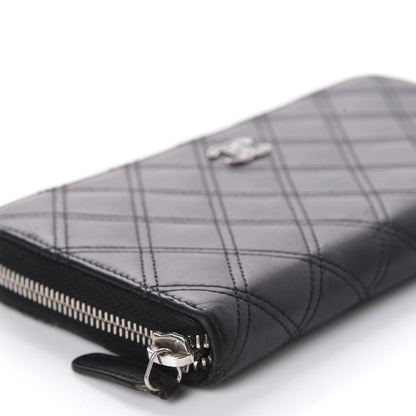 Chanel Lambskin Double Stitch Quilted Large Gusset Zip Around Wallet Black 6 of 19