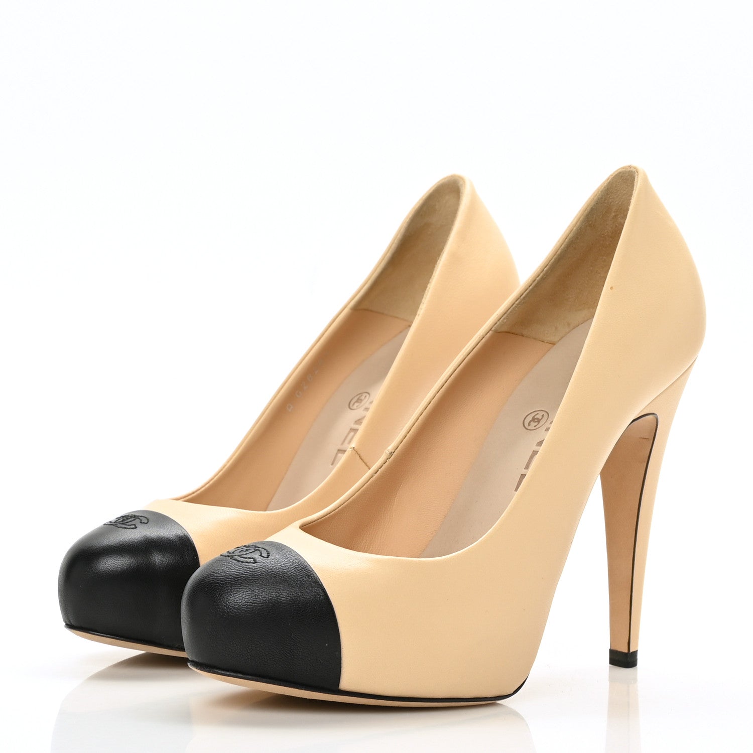 Chanel Lambskin CC Cap Toe Pumps 36.5 Beige Black 3 of 8