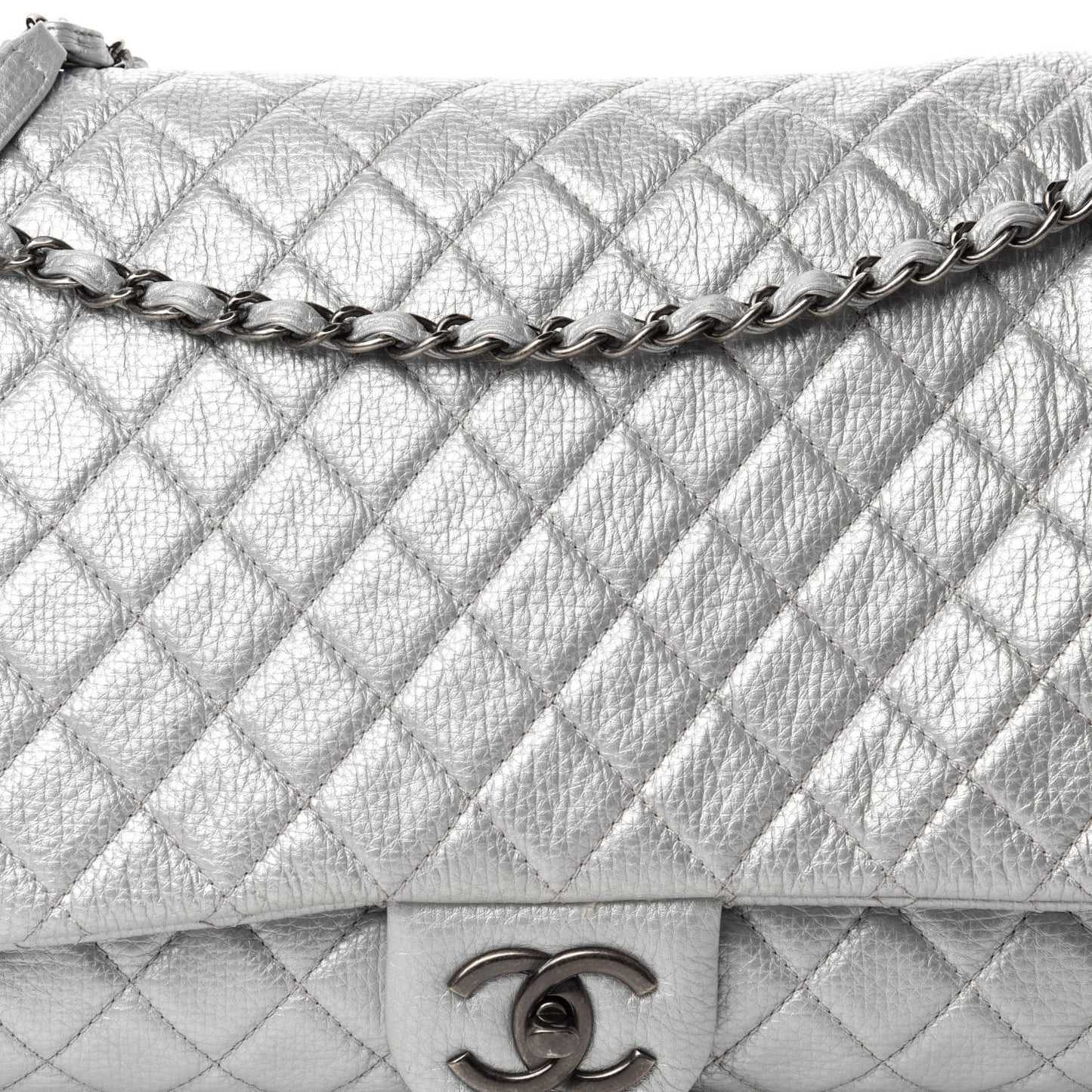 Metallic Calfskin Quilted XXL Travel Flap Bag Silver