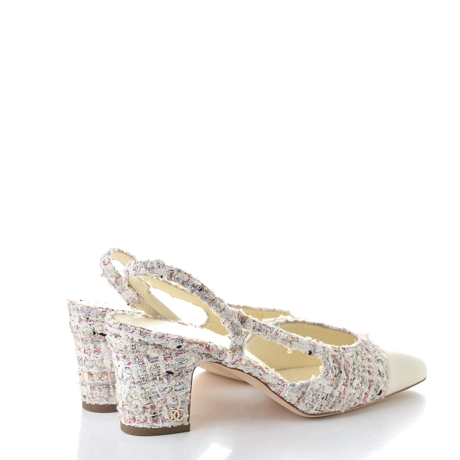 Chanel Tweed Lambskin Cap Toe CC Slingback Pumps 36 Brown Ecru Green White 4 of 8