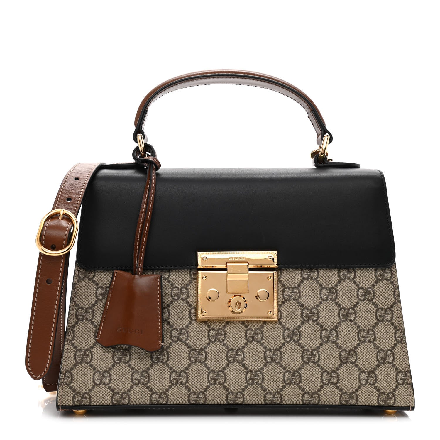 Gucci GG Supreme Monogram Calfskin Small Padlock Top Handle Bag Beige Black Cuir 1 of 10