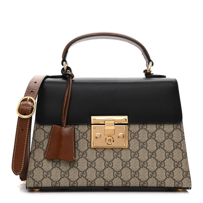 Gucci GG Supreme Monogram Calfskin Small Padlock Top Handle Bag Beige Black Cuir 1 of 10
