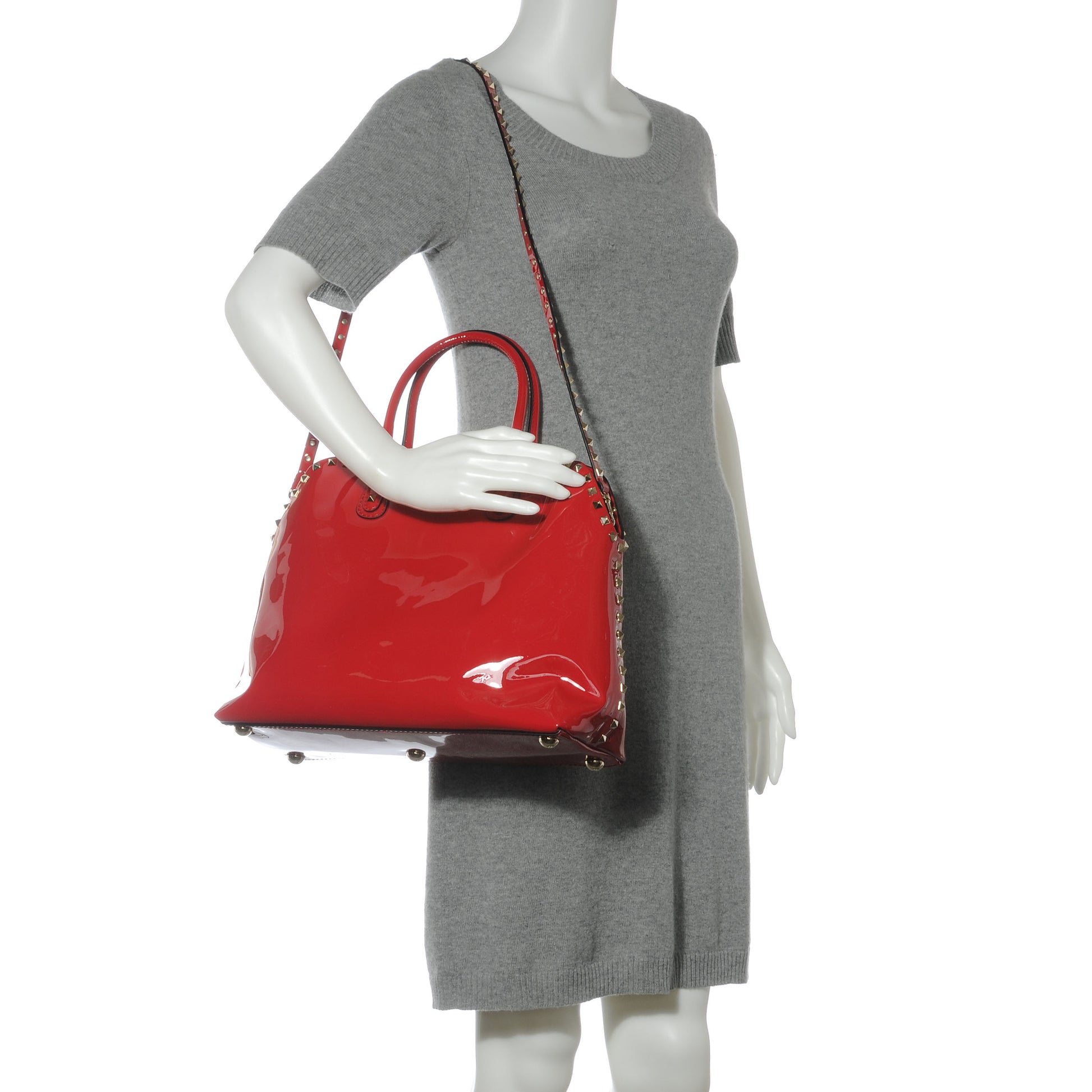 Valentino Garavani Patent Rockstud Dome Satchel Red 2 of 7