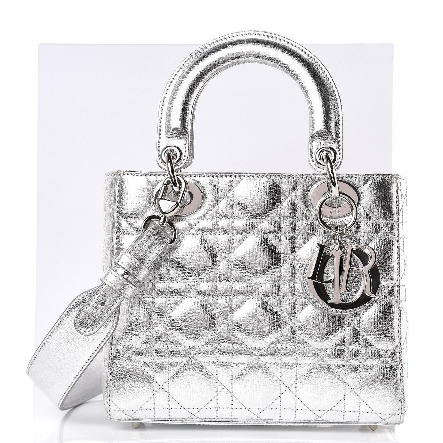Metallic Grained Calfskin Cannage Small Lucky Badges My Lady Dior Silver