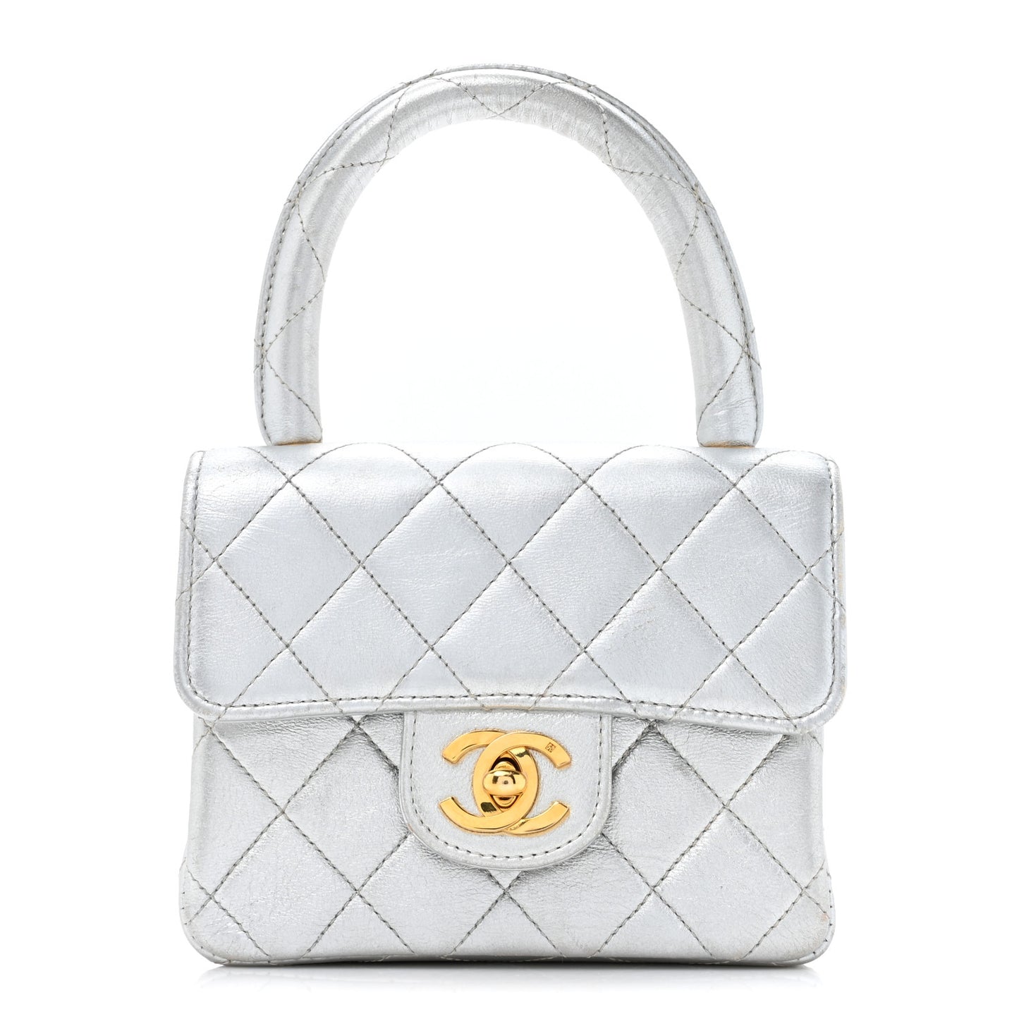 Metallic Lambskin Quilted Mini Kelly Silver