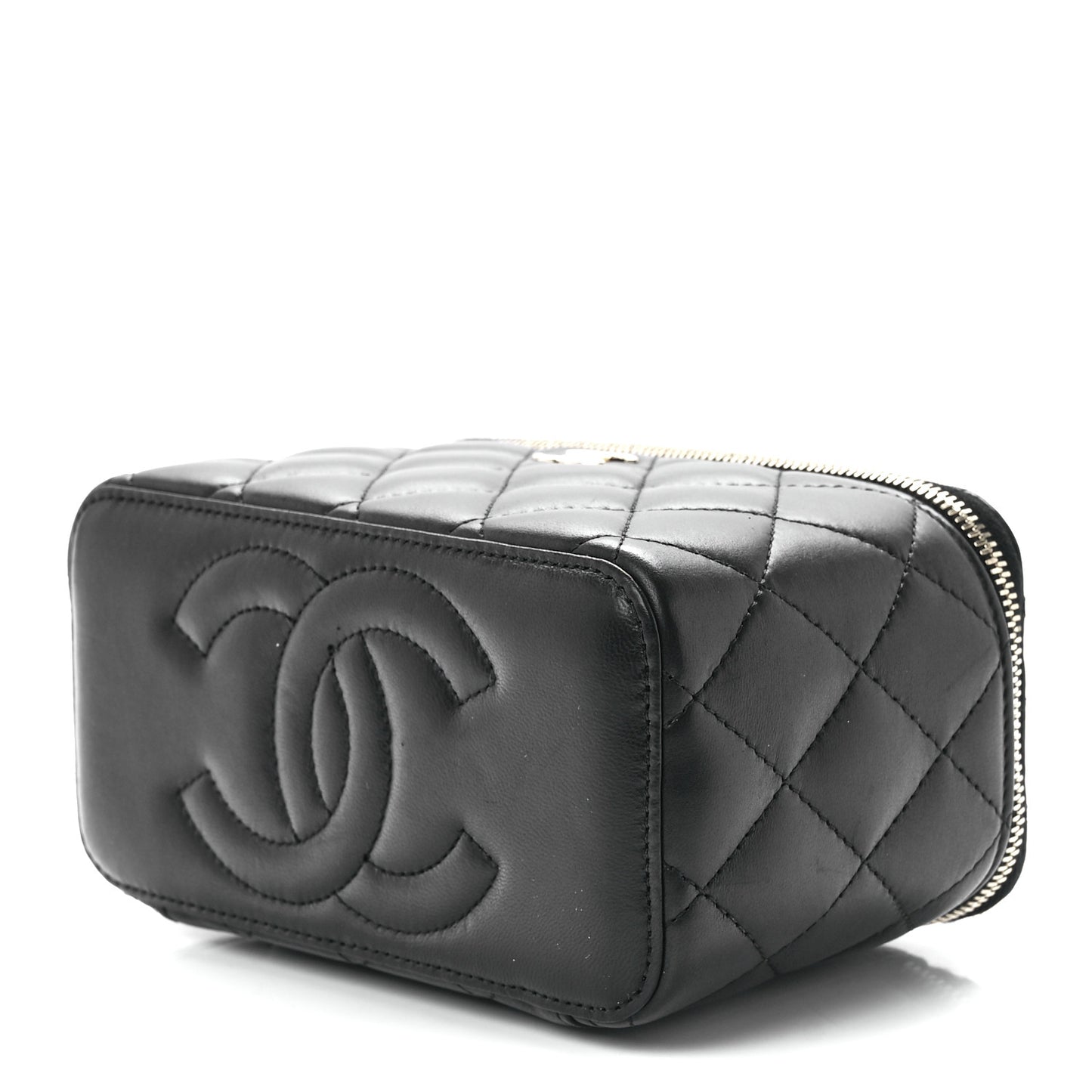Lambskin Quilted Small Top Handle Vanity Case With Chain Black