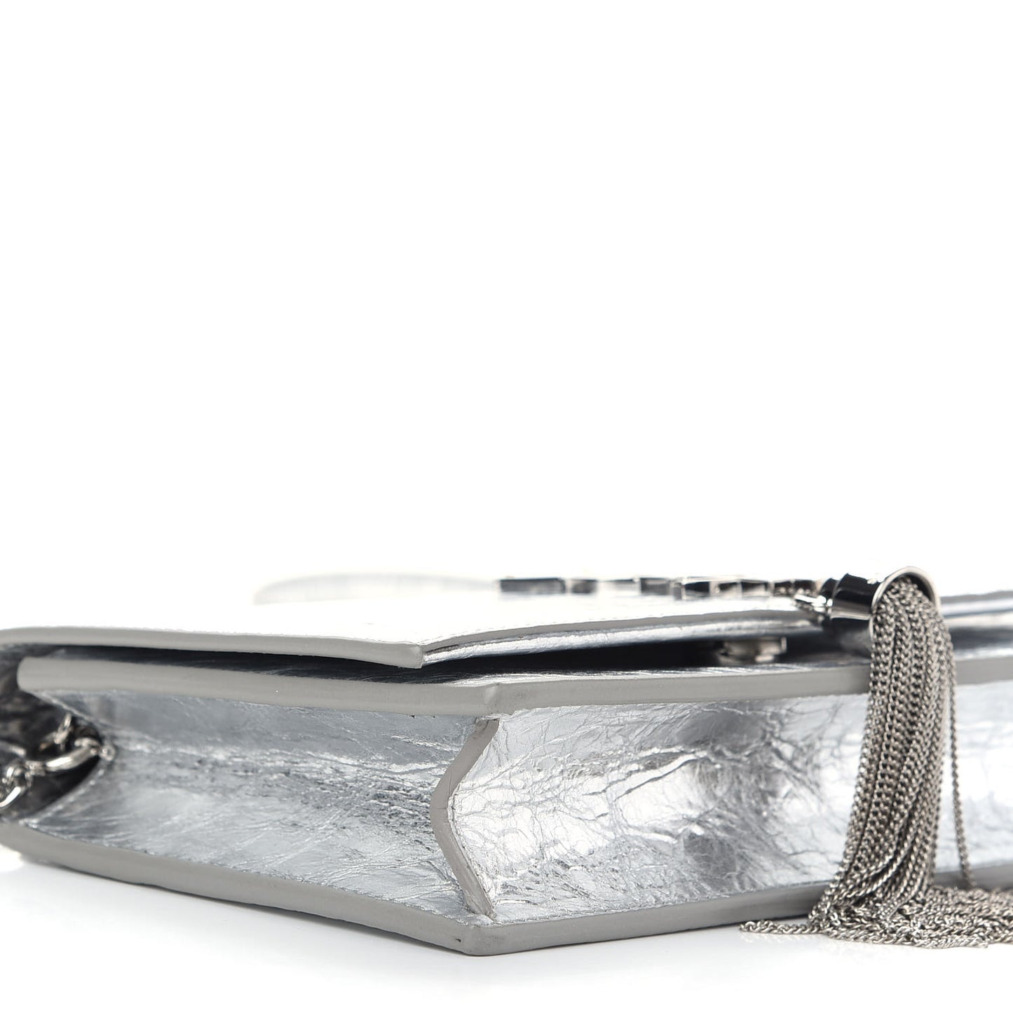 Metallic Crackled Calfskin Kate Monogram Tassel Chain Wallet Argento