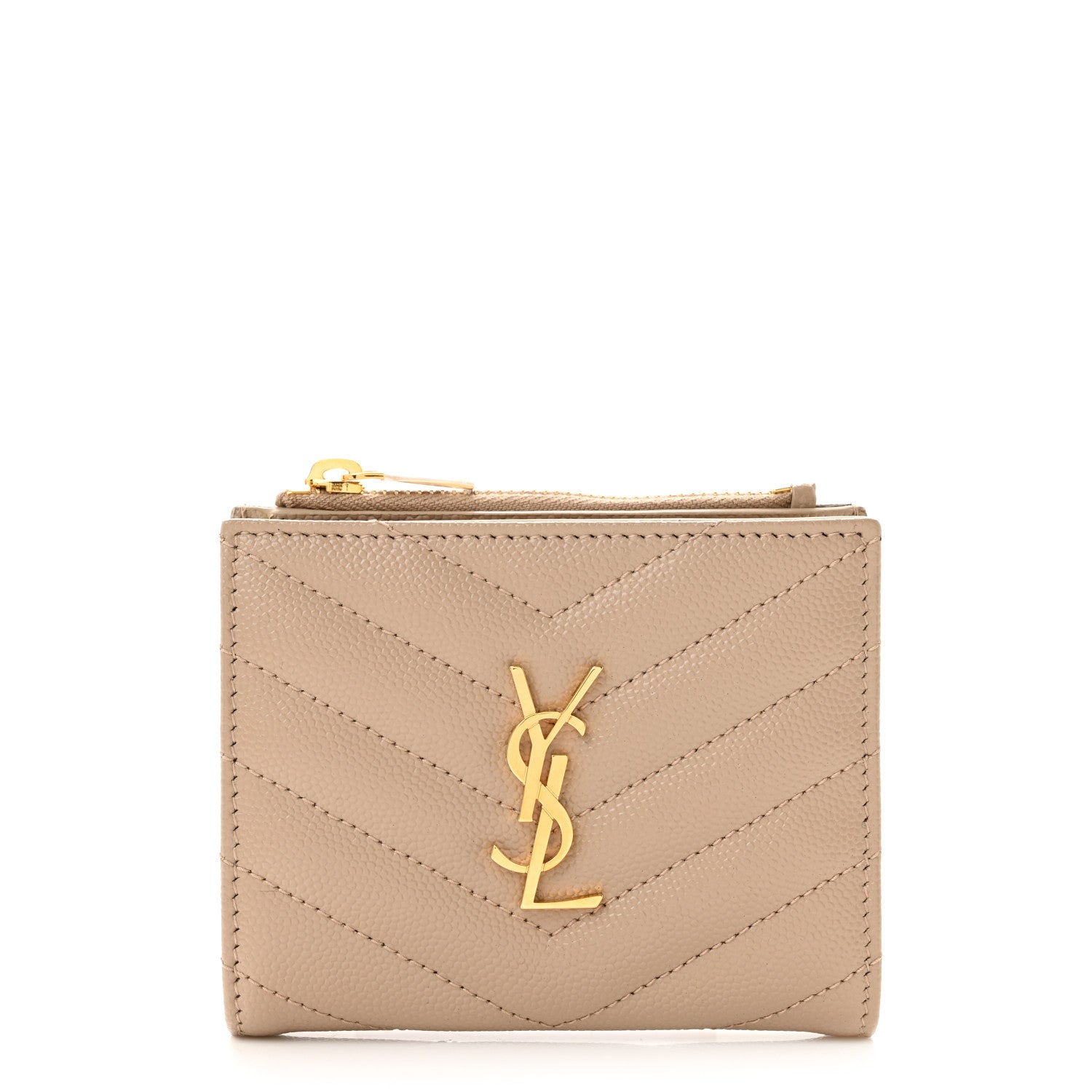 Saint Laurent Grain De Poudre Matelasse Chevron Monogram Zipped Card Case Dark Beige 1 of 10