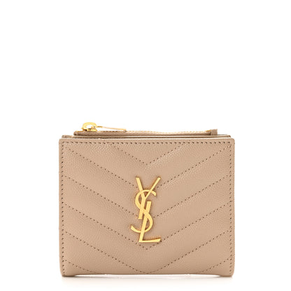 Saint Laurent Grain De Poudre Matelasse Chevron Monogram Zipped Card Case Dark Beige 1 of 10