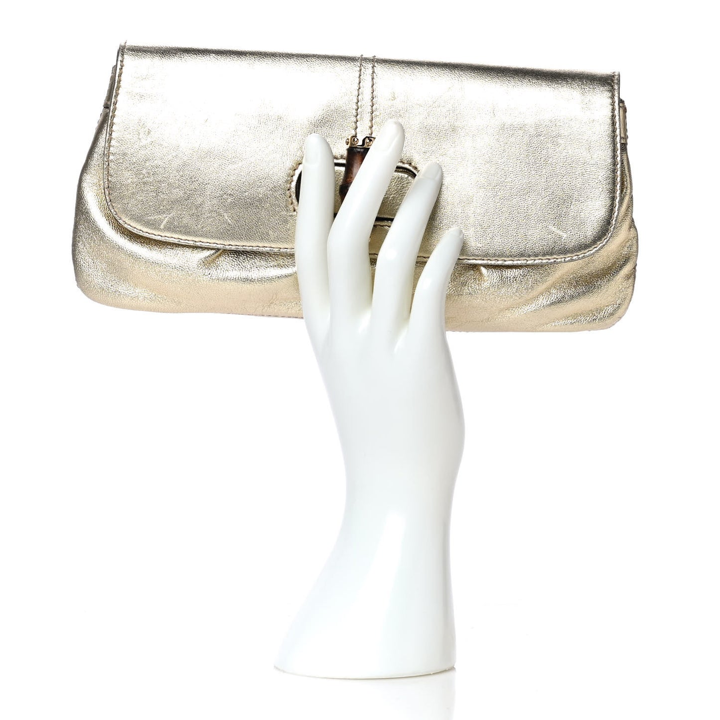 Metallic Calfskin Satin Bamboo Clutch Argento