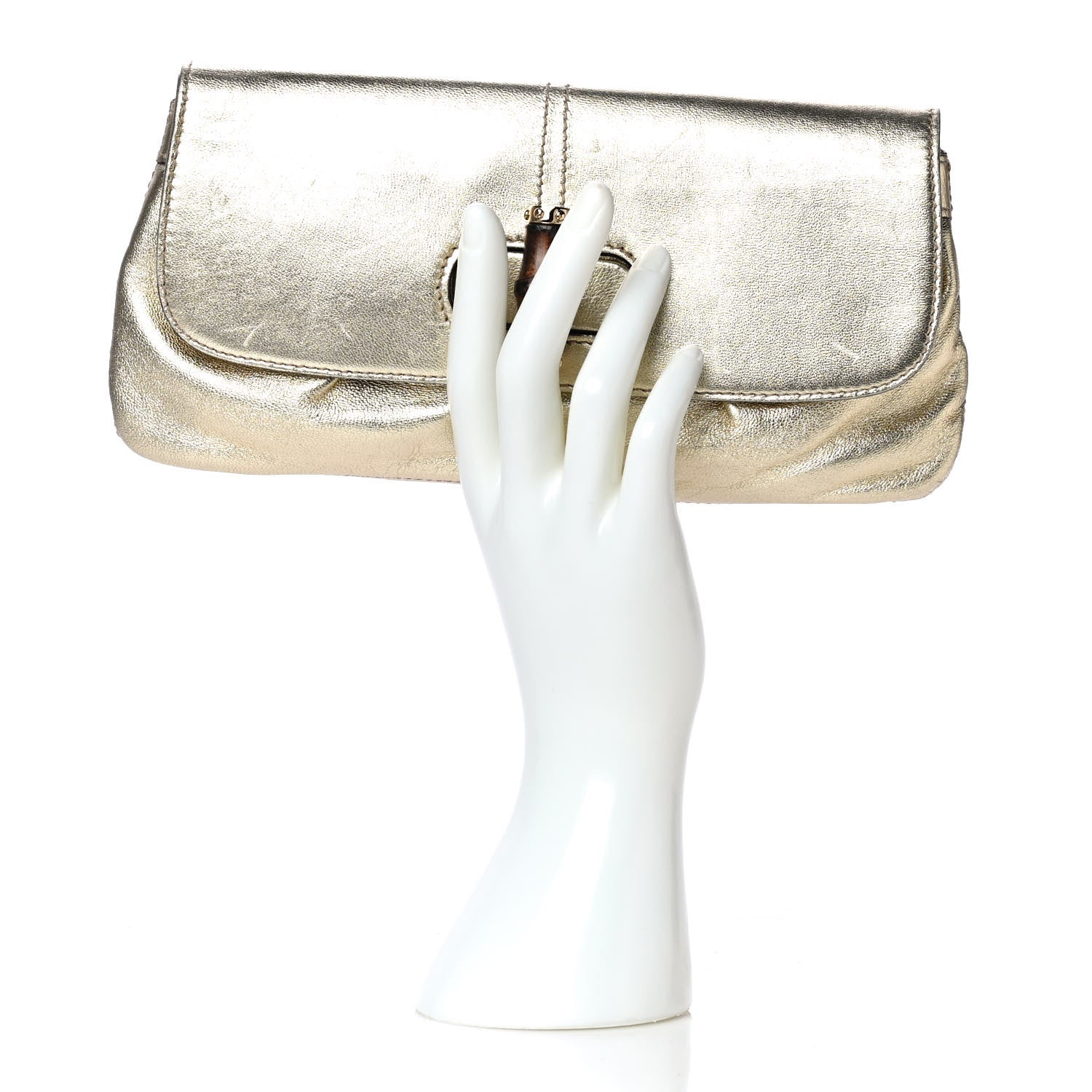 Gucci Metallic Calfskin Satin Bamboo Clutch Argento 2 of 15