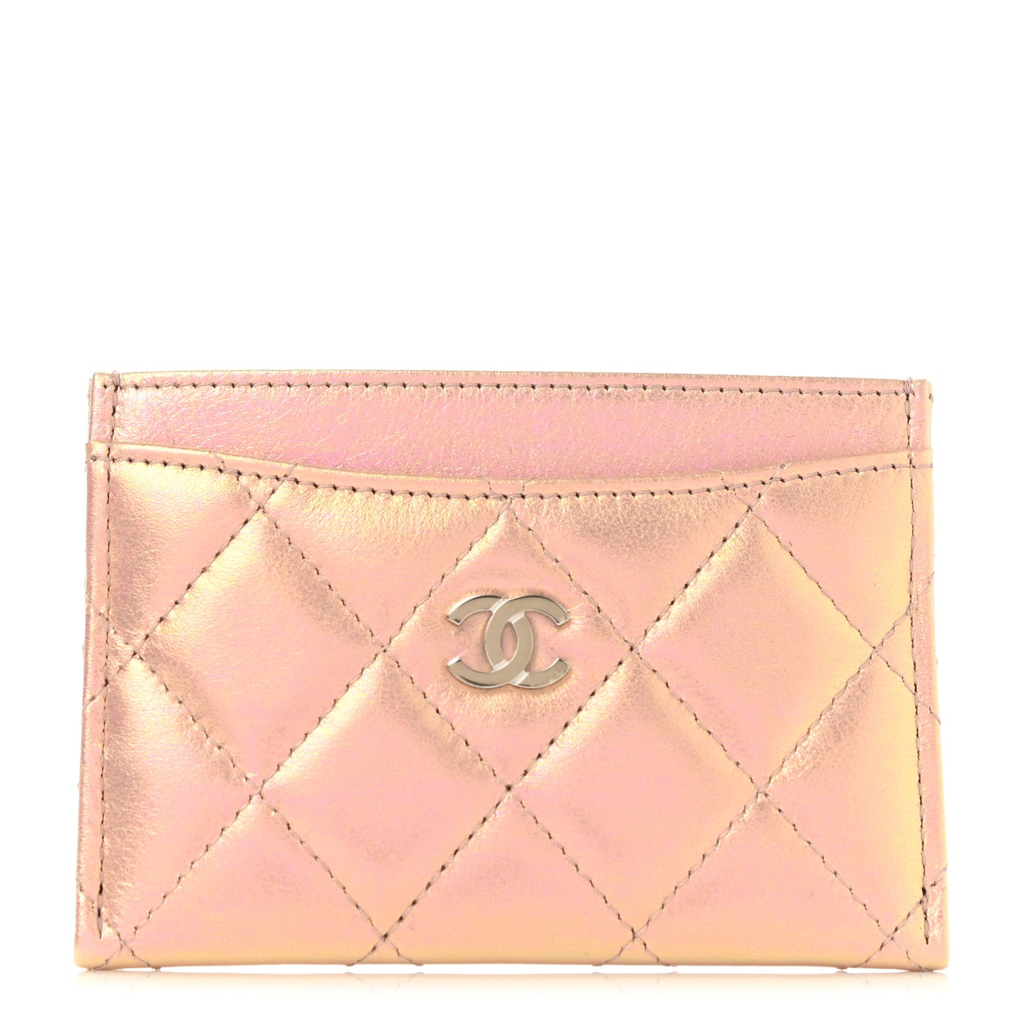 Iridescent Calfskin Quilted Card Holder Pink