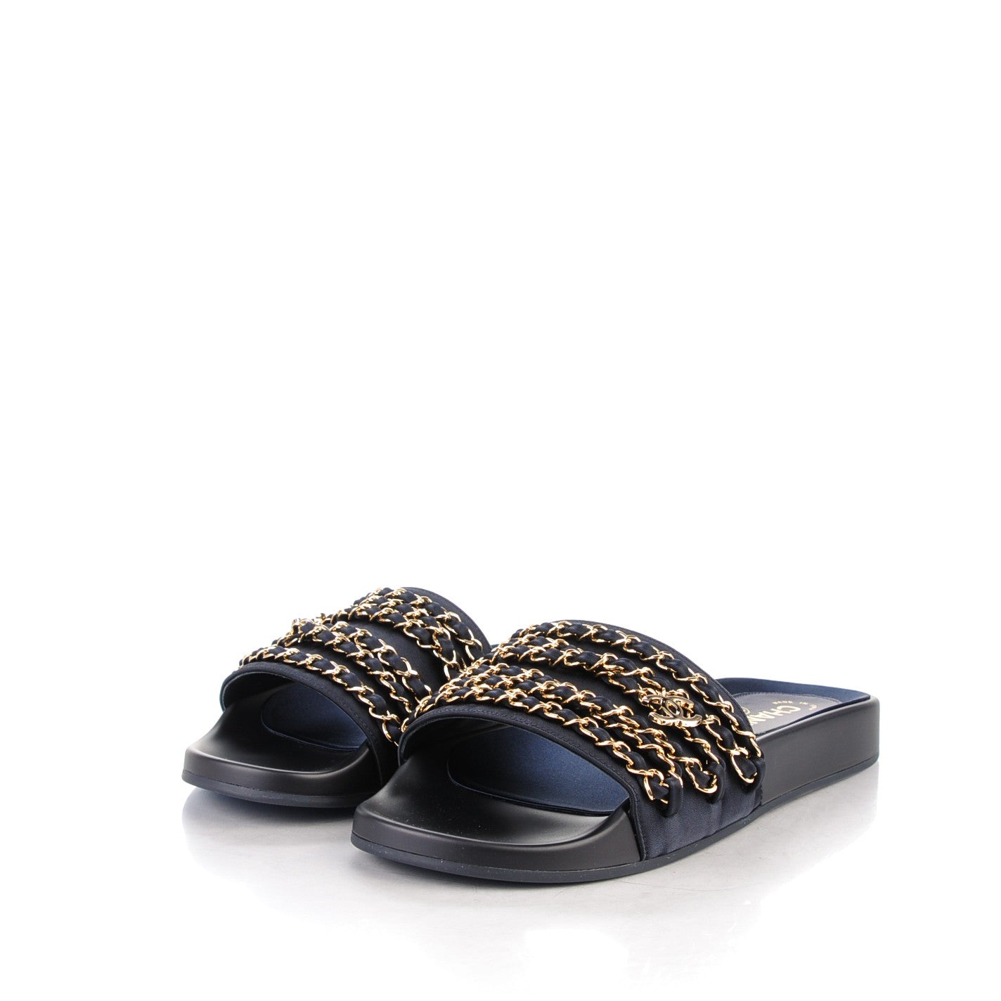 Lambskin Canvas Chain Flat Sandals 39 Marine