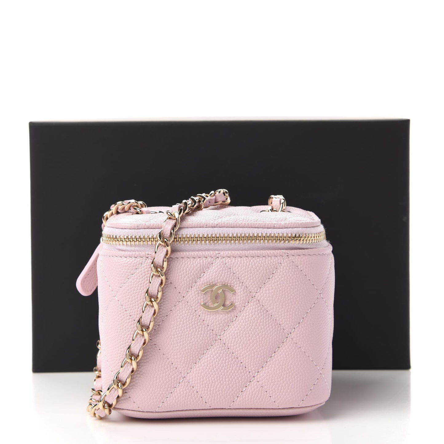 Caviar Quilted Mini Vanity Case With Chain Light Pink