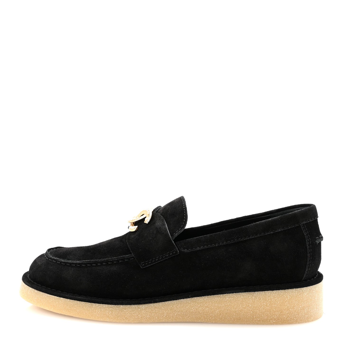 Suede Calfskin Pearl CC Moccasin Loafers 40 Black