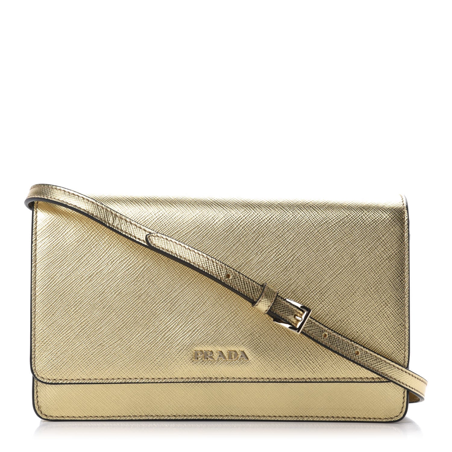 Prada Metallic Saffiano Metal Flap Wallet With Strap Platino 1 of 9