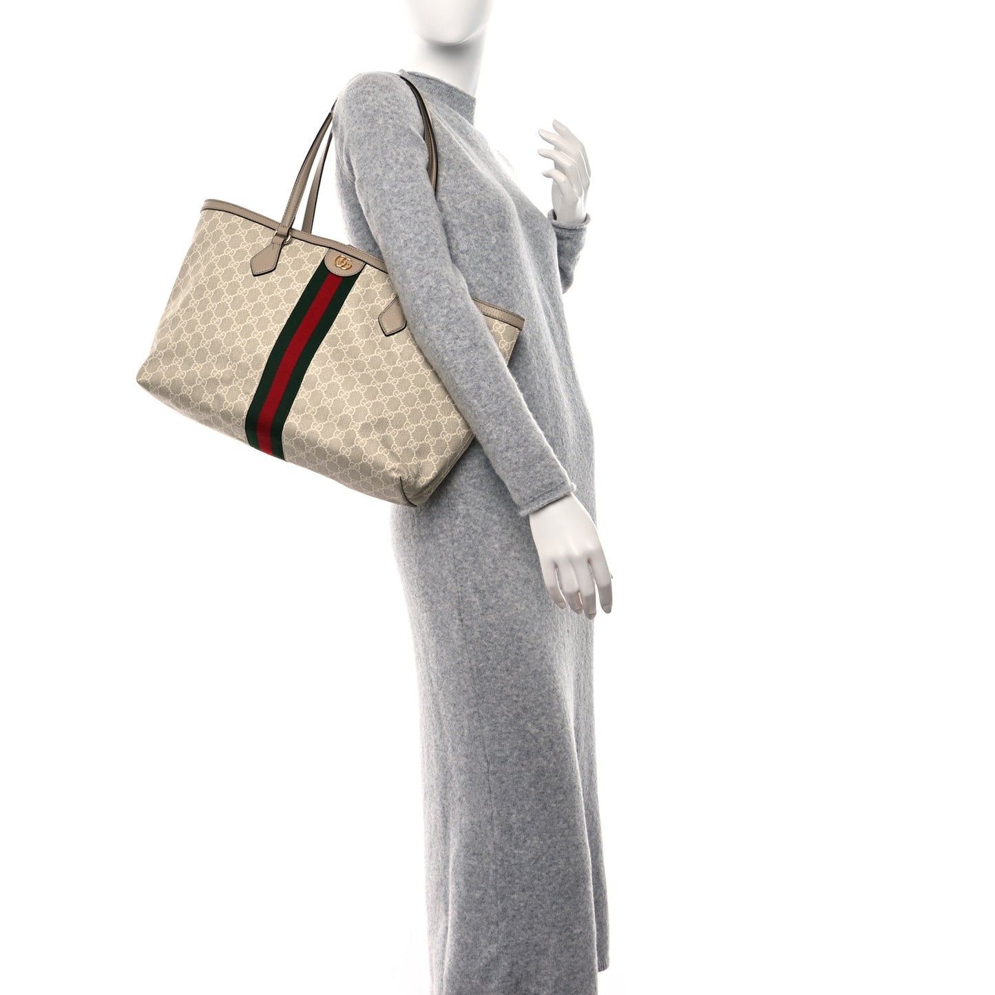 GG Supreme Monogram Textured Dollar Calfskin Web Medium Ophidia Shopping Tote Beige Mystic White Oatmeal
