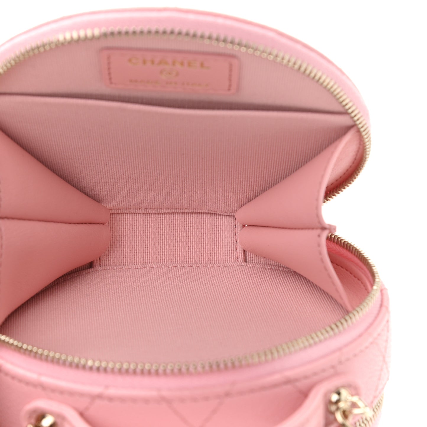 Caviar Quilted Round Handle With Care Vanity With Chain Pink