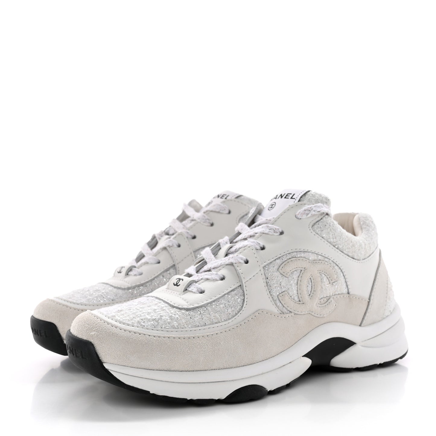 Painted Iridescent Cotton Tweed Suede Calfskin Womens CC Sneakers 37.5 White Silver Multicolor
