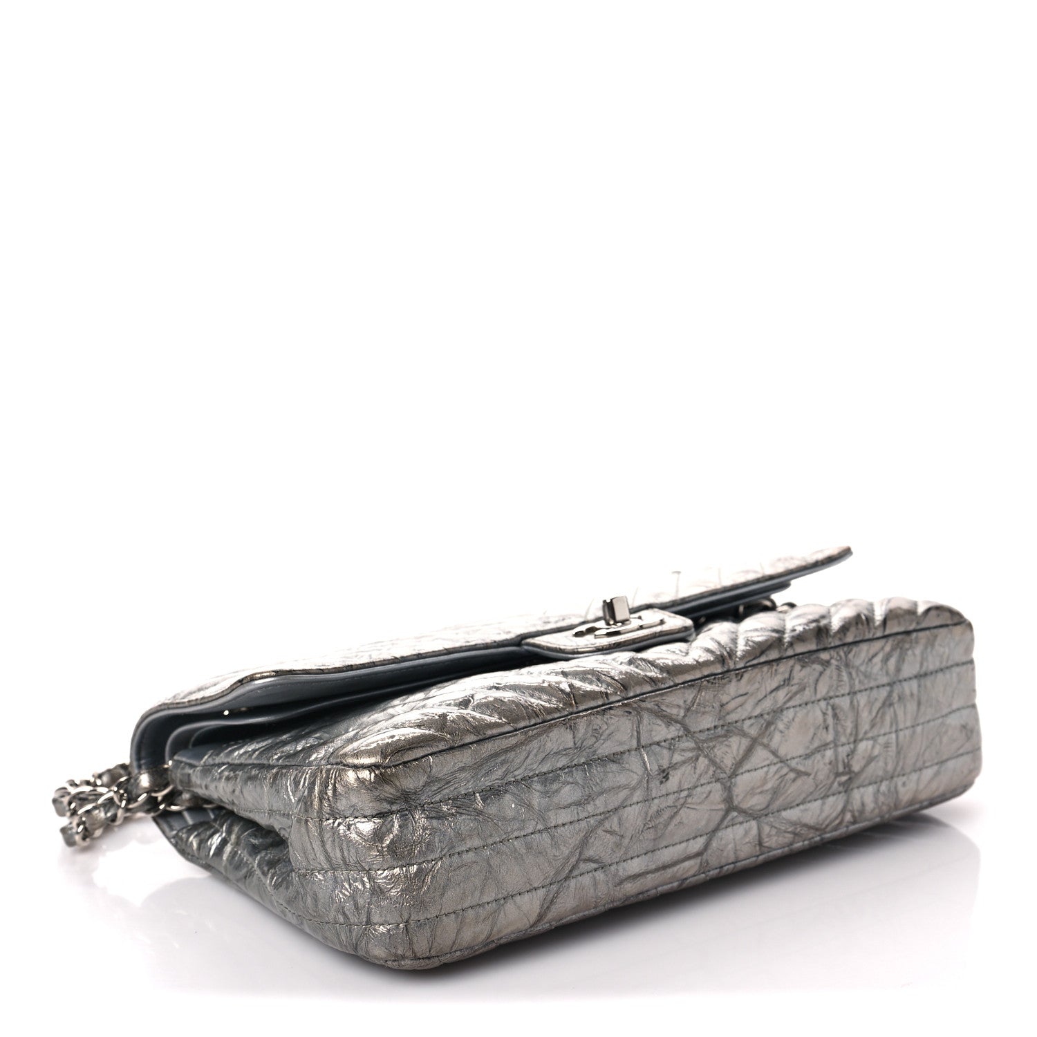 Chanel Metallic Patent Crumpled Calfskin Chevron Quilted Medium Double Flap Silver 3 of 8