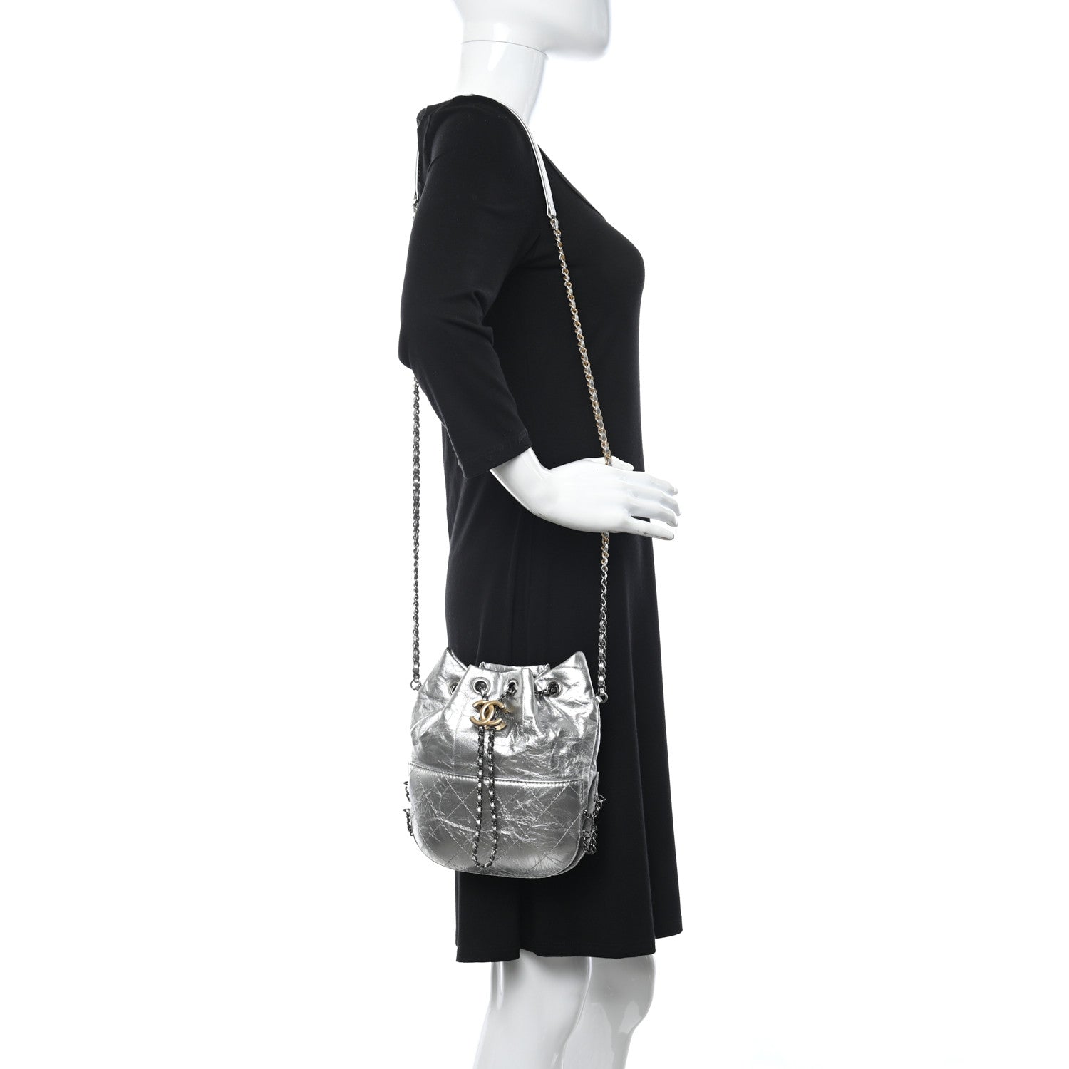 Chanel Metallic Aged Calfskin Quilted Small Gabrielle Bucket Silver 2 of 16