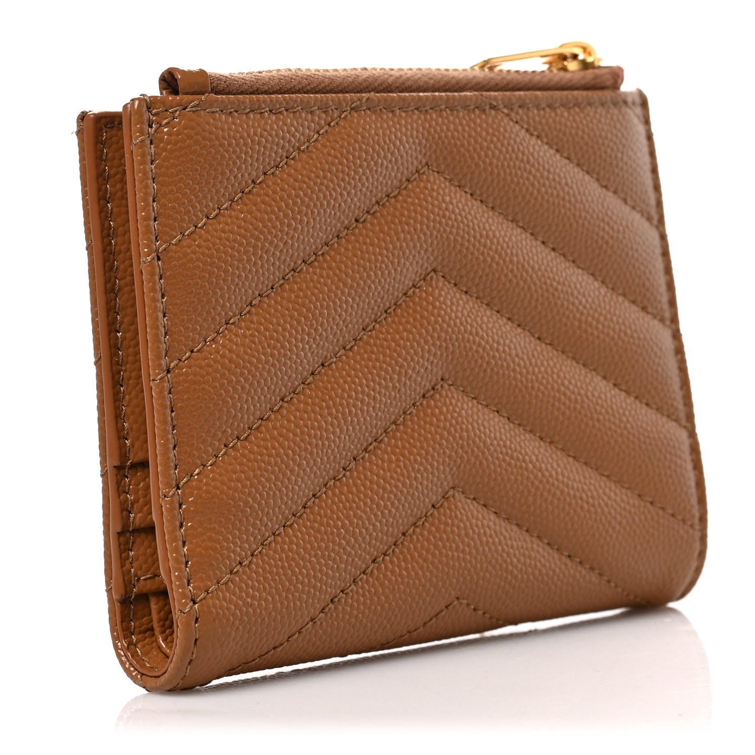 Saint Laurent Grain De Poudre Matelasse Chevron Monogram Zipped Card Case Dark Natural 3 of 7