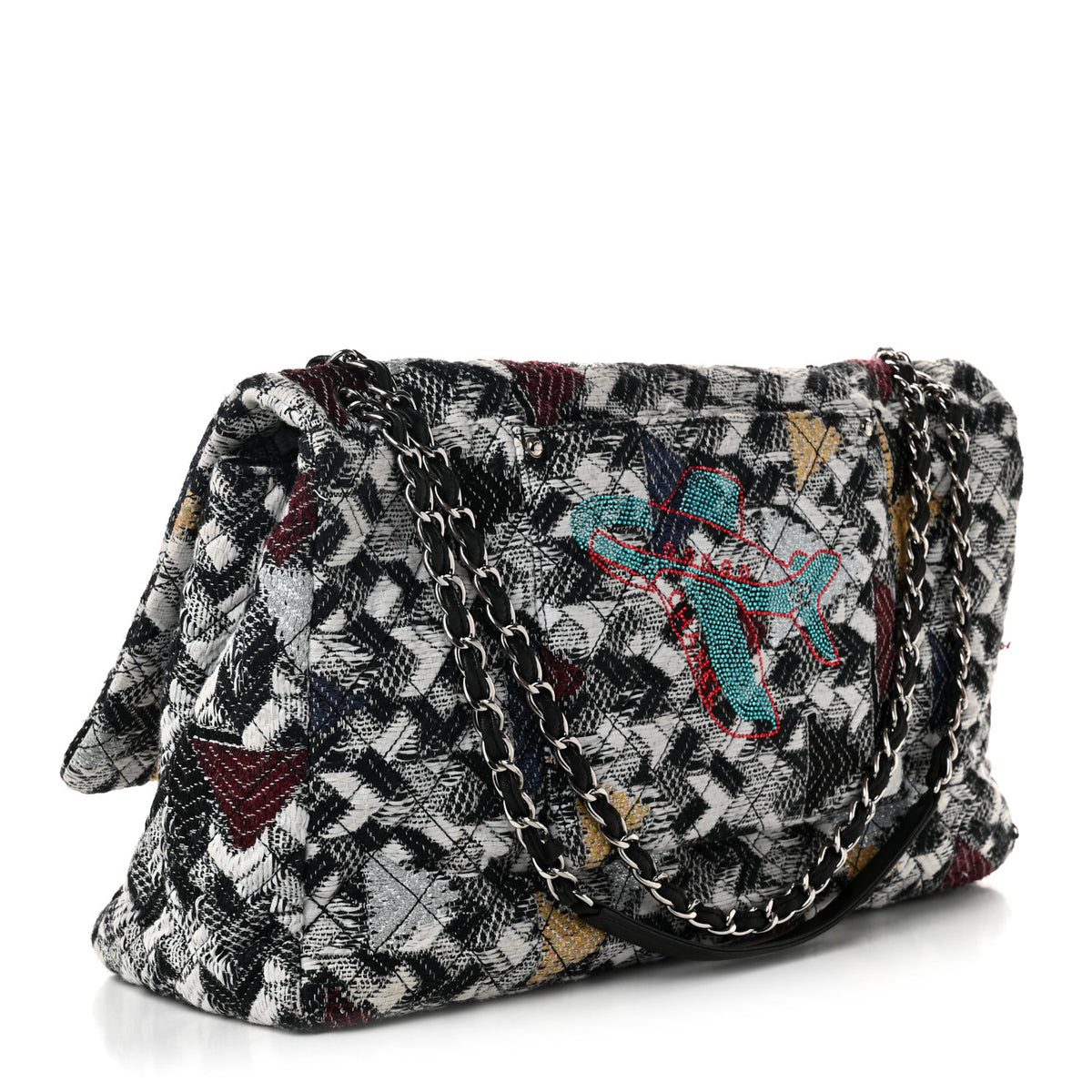 Chanel Tweed Strass Quilted XXL Plane Flap Black Multicolor 3 of 10