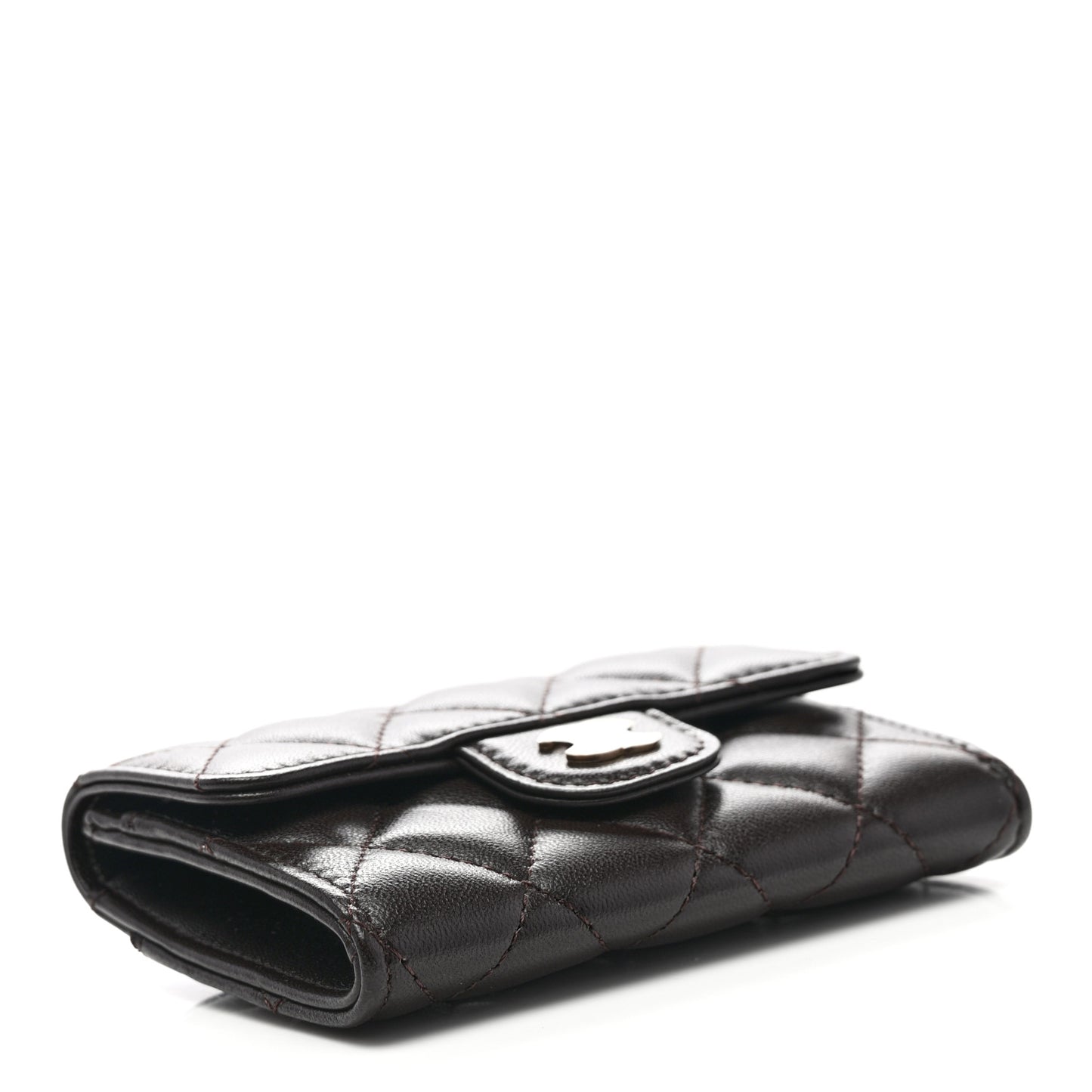 Lambskin Quilted Flap Card Holder Wallet Dark Brown