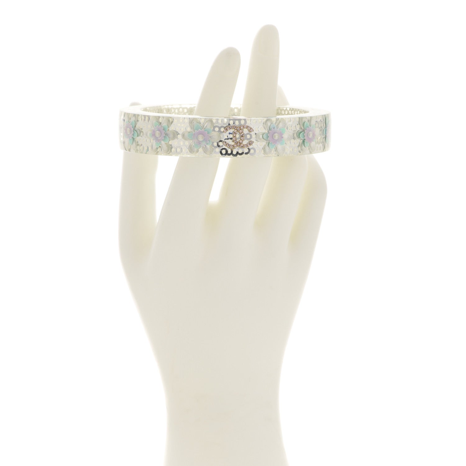 Chanel Lucite Crystal Sequin Flower CC Bangle White 2 of 5
