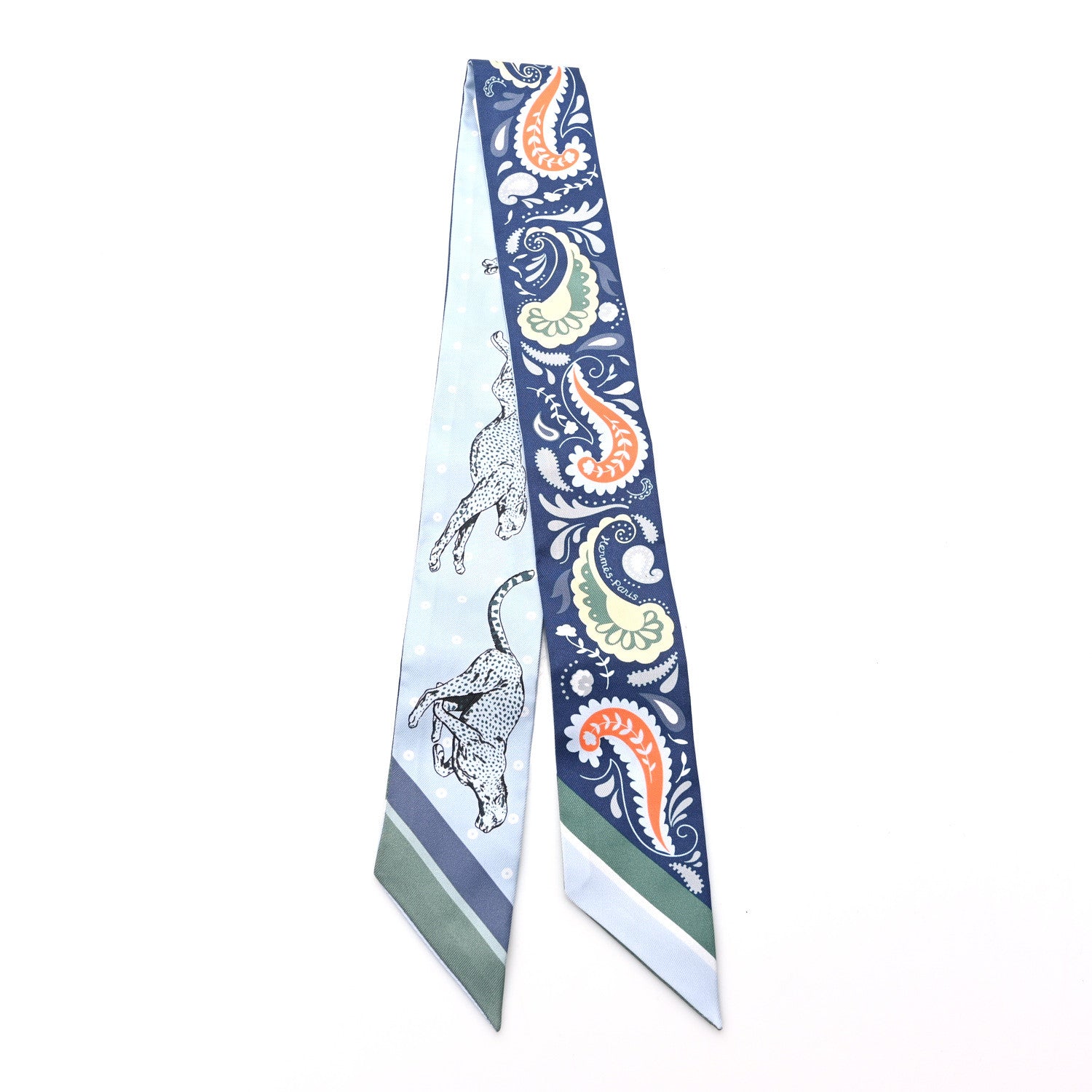 Hermes Silk Guepards Bandana Twilly Marine Clair Bleu Ciel Vert 2 of 4