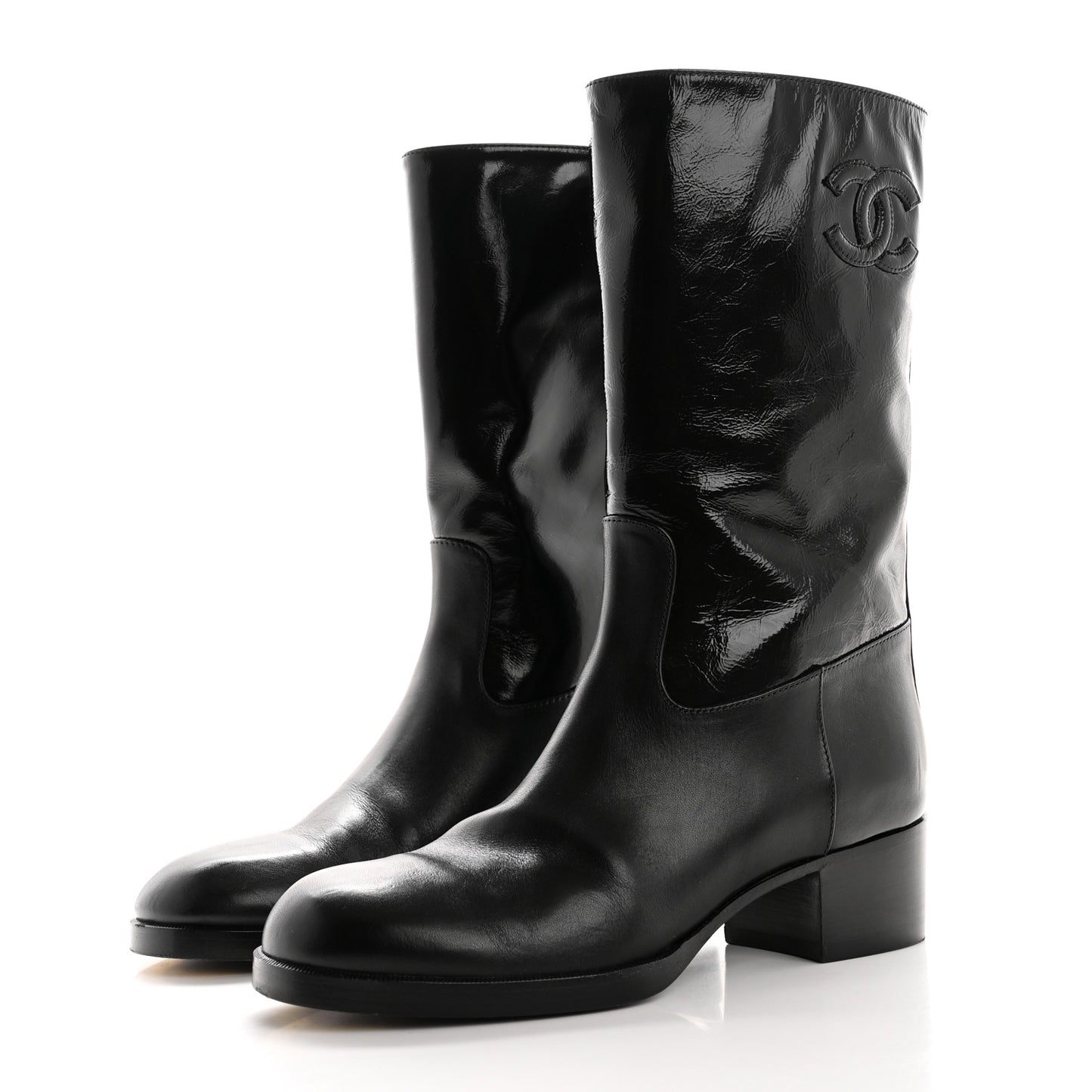 Shiny Calfskin CC Mid Calf Boots 37.5 Black