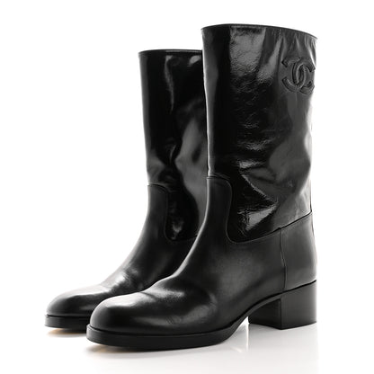 Chanel Shiny Calfskin CC Mid Calf Boots 37.5 Black 3 of 10