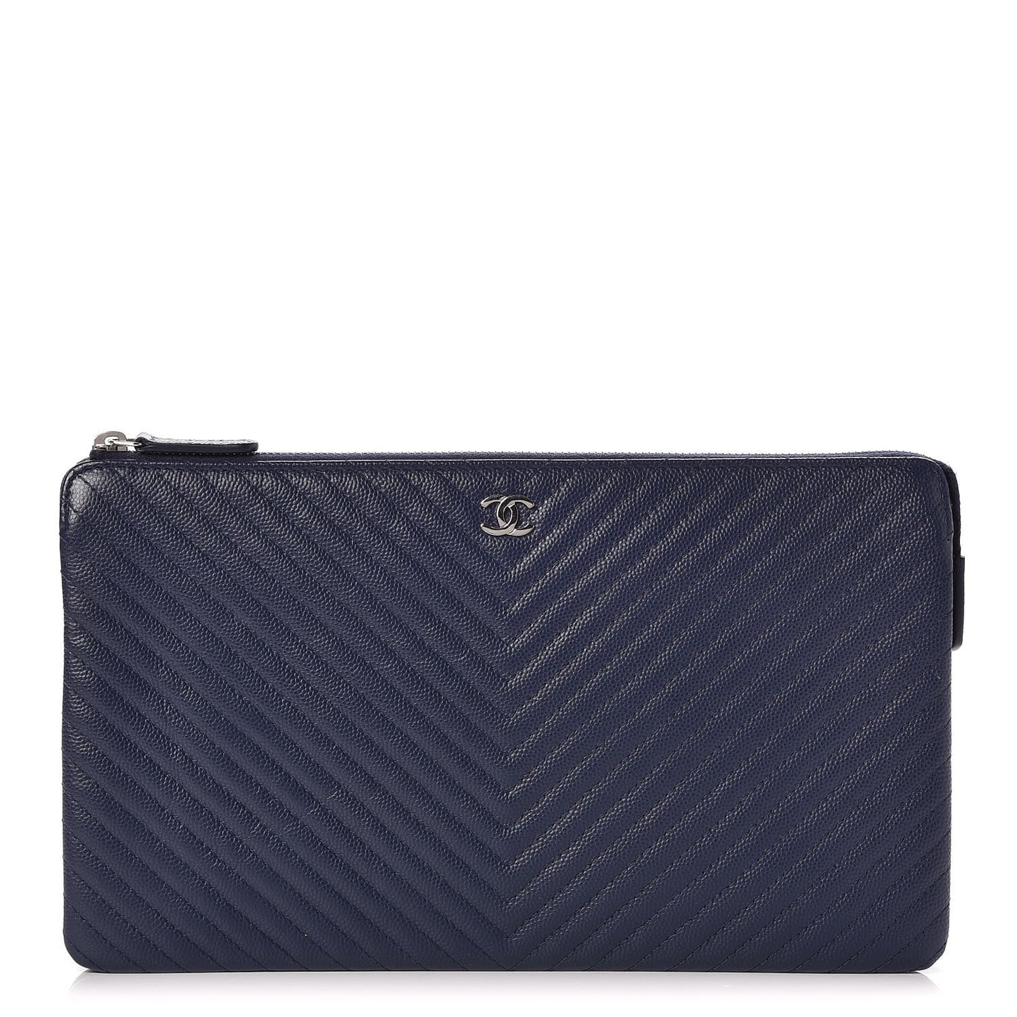 Caviar Chevron Quilted Large Zipped Clutch Navy
