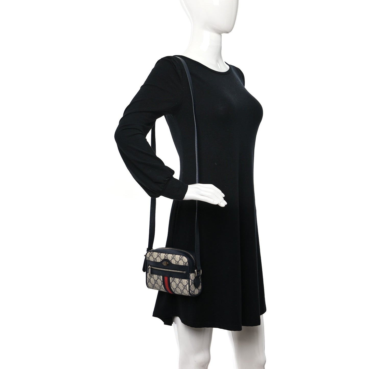 GG Supreme Monogram Textured Dollar Calfskin Web Mini Ophidia Shoulder Bag Beige Blue