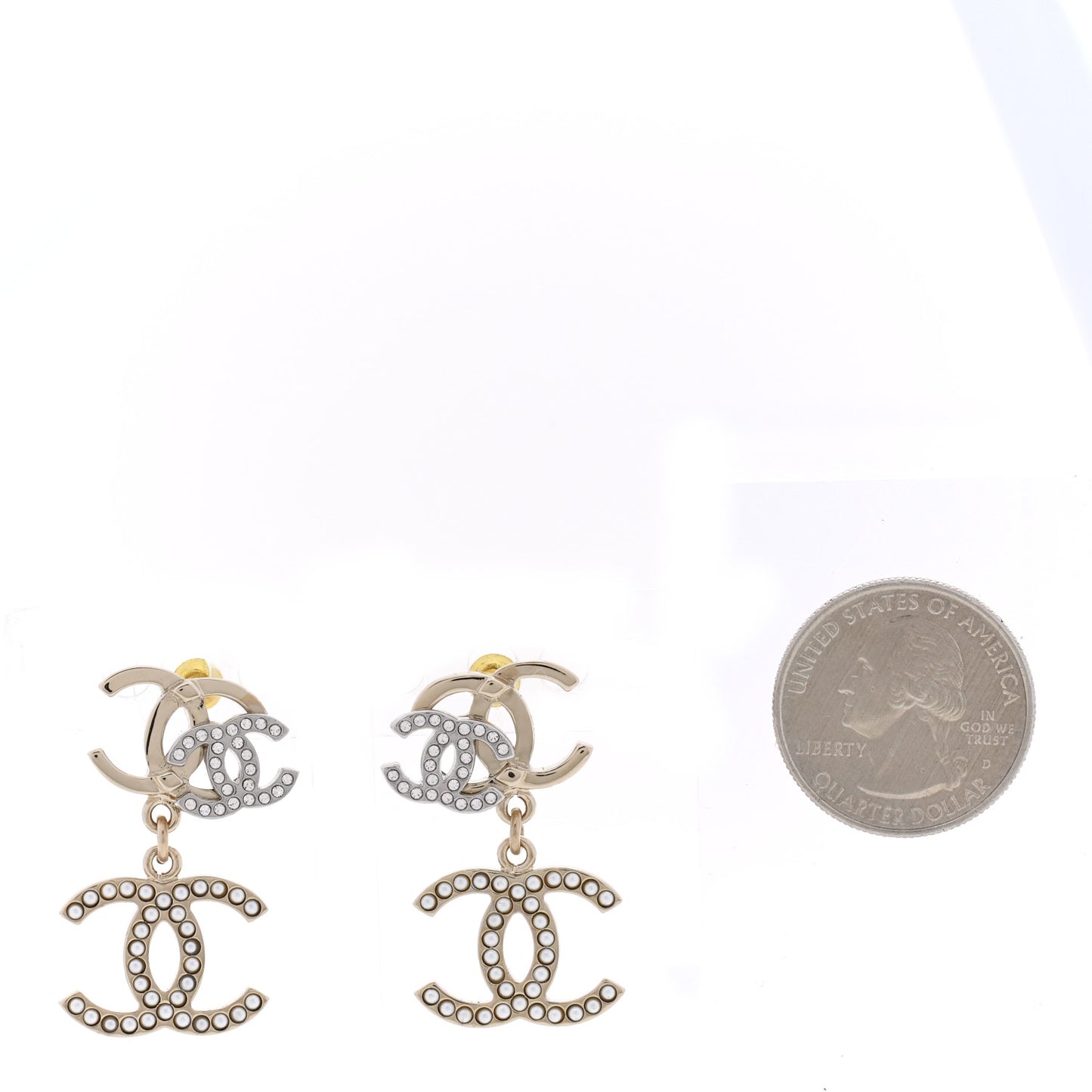 Crystal Pearl Double CC Drop Earrings Gold Silver