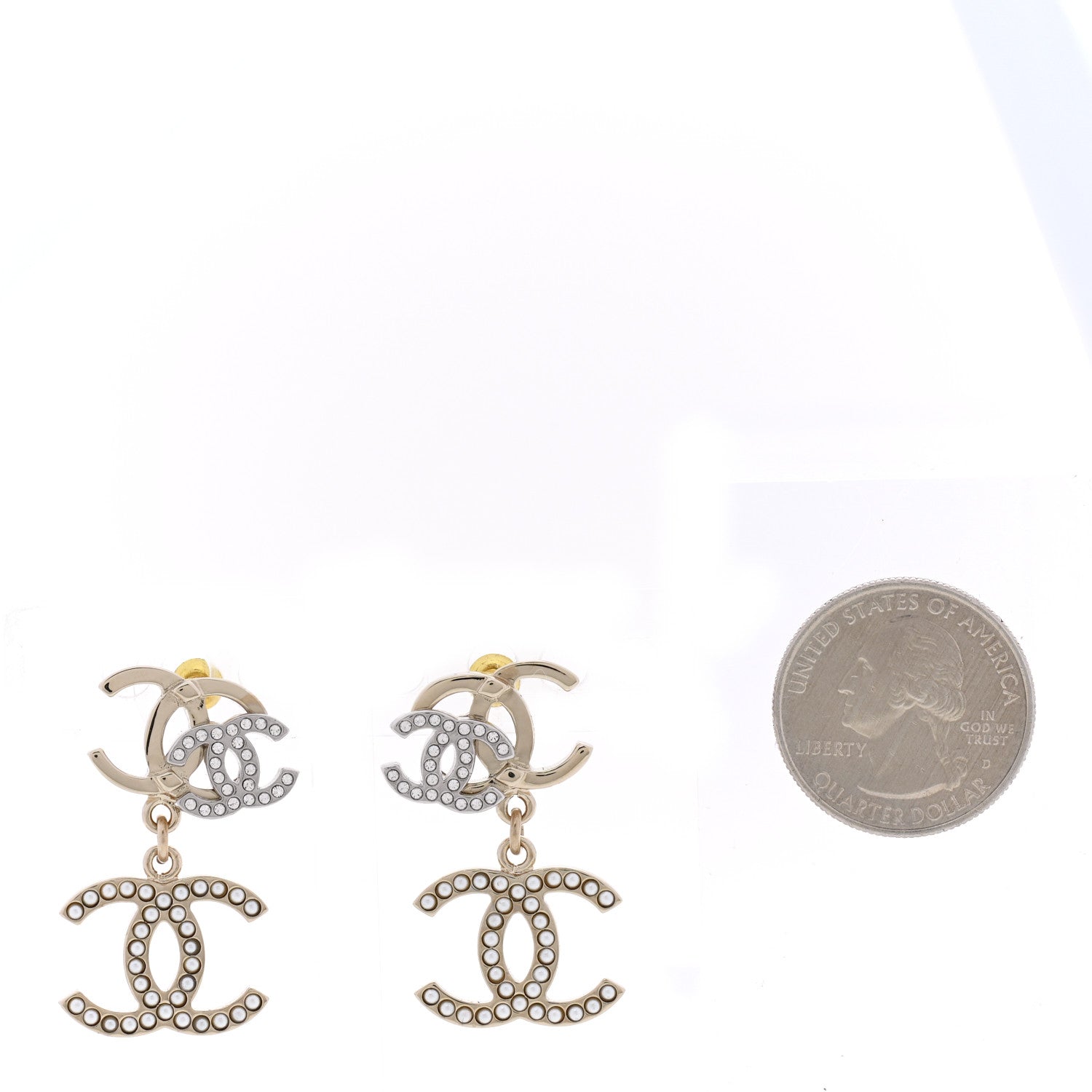Chanel Crystal Pearl Double CC Drop Earrings Gold Silver 2 of 5