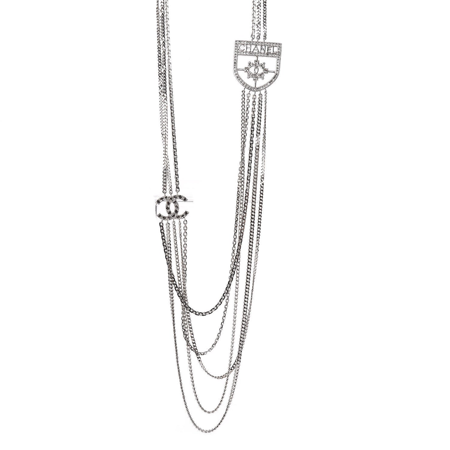 Baguette Crystal CC Shield Multi Strand Long Chain Necklace Silver