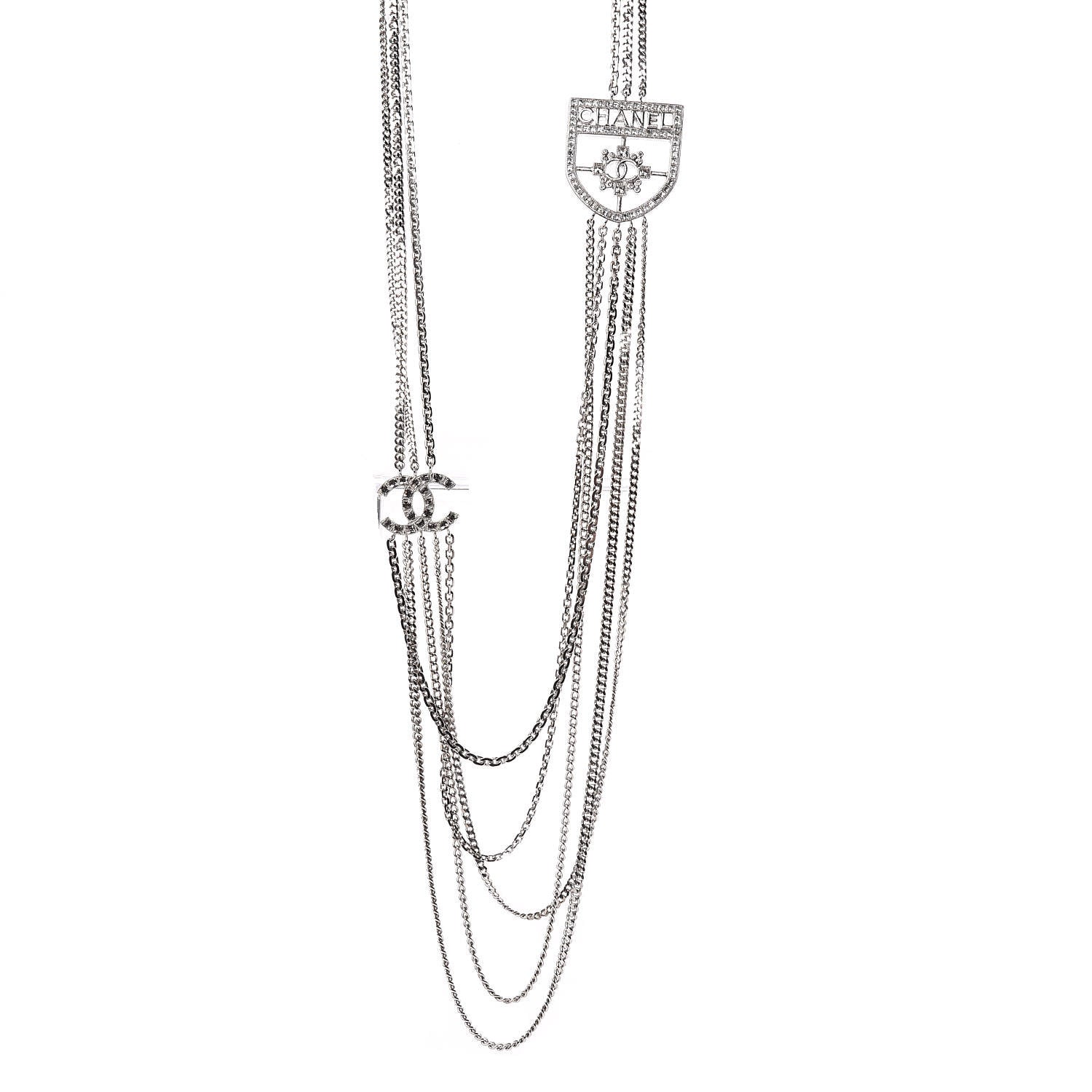 Chanel Baguette Crystal CC Shield Multi Strand Long Chain Necklace Silver 1 of 6