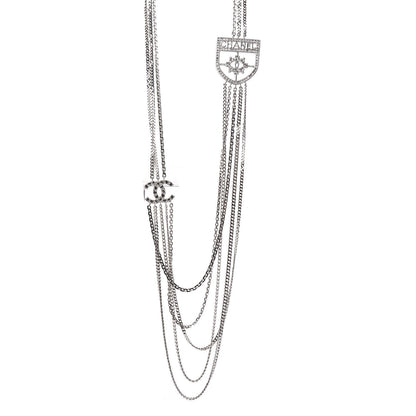 Chanel Baguette Crystal CC Shield Multi Strand Long Chain Necklace Silver 1 of 6