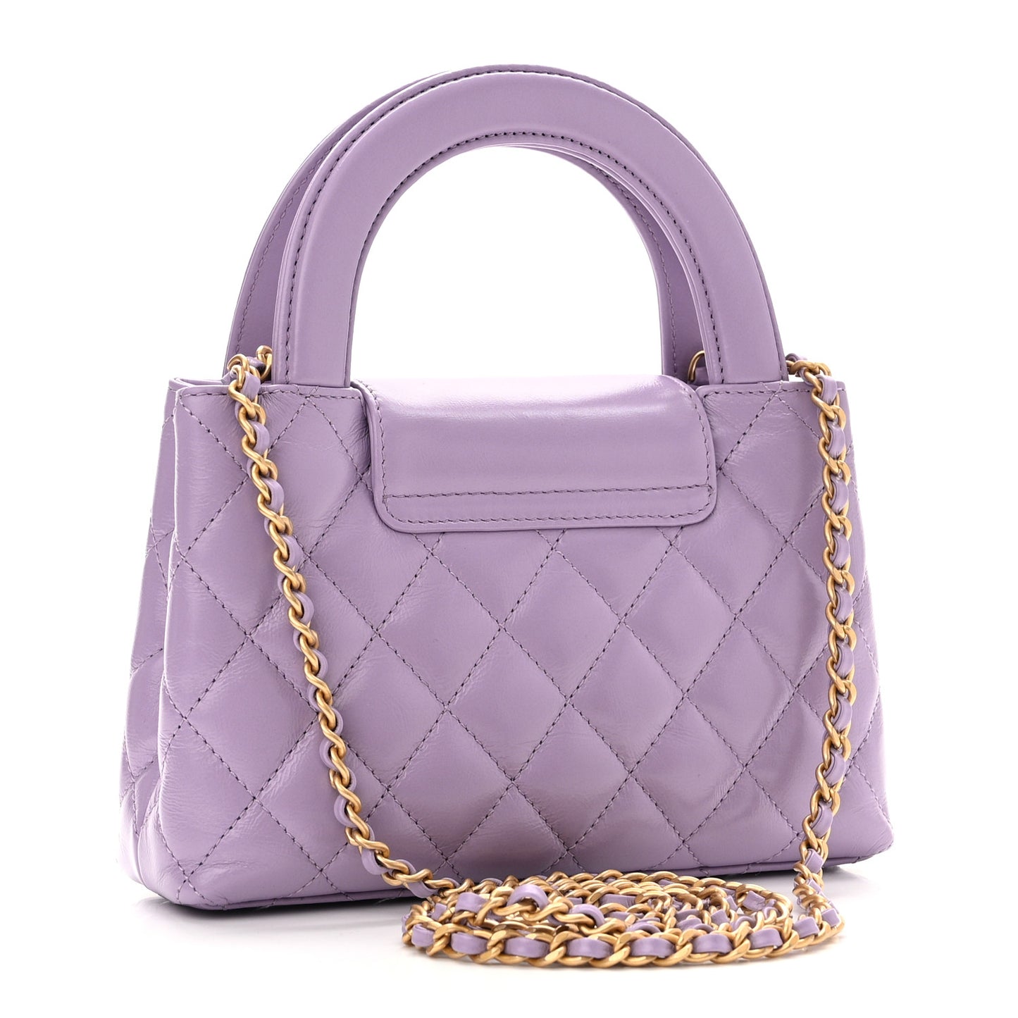 Shiny Aged Calfskin Quilted Nano Kelly Shopper Lilac