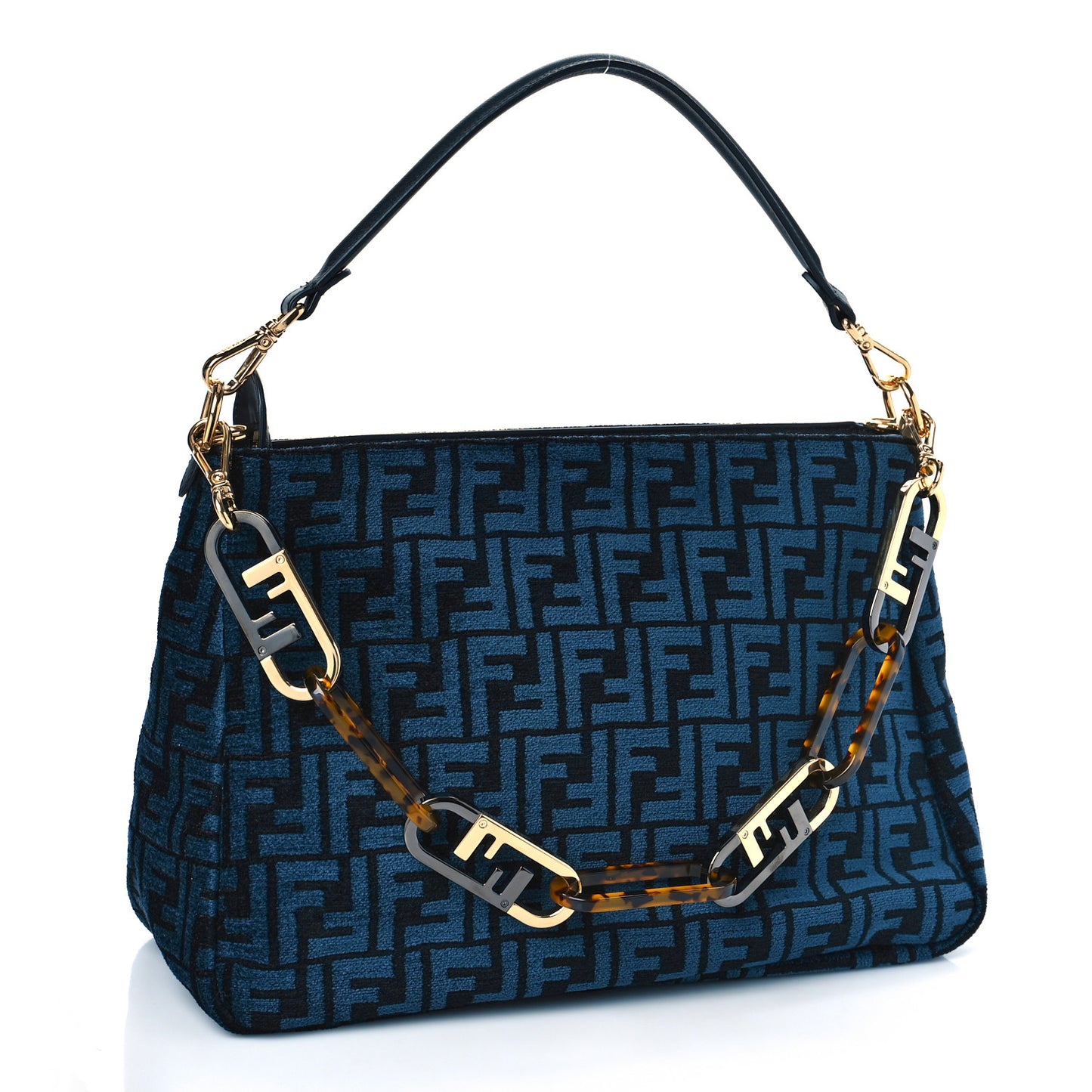 Chenille Vitello Seta Plexiglass FF Fendi O'Lock Zipper Blue Black