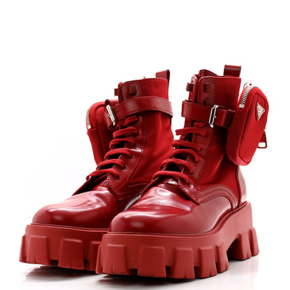 Prada Spazzolato Rois Re-Nylon Metal Triangle Logo Monolith Pouch Pocket 55mm Boots 38 Red 3 of 11