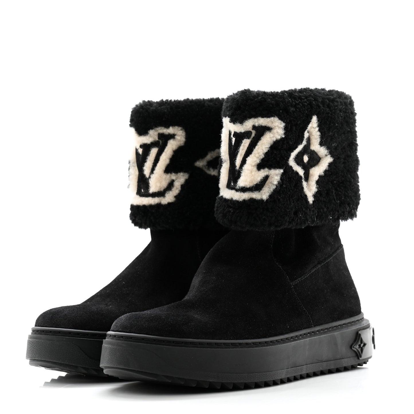 Suede Calfskin Shearling Snowdrop Flat Ankle Boot 36 Black