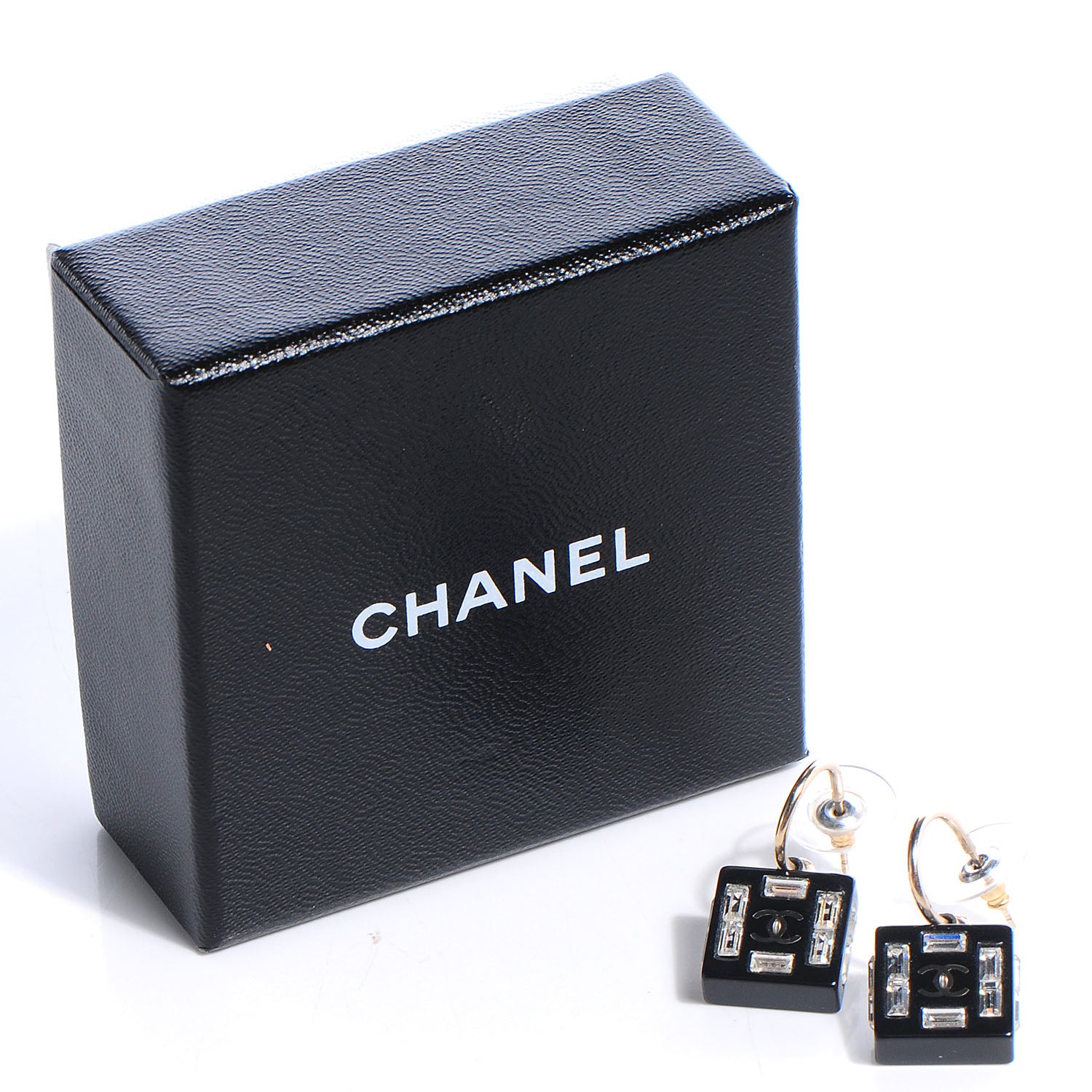 Chanel Resin Baguette Crystal Geometric Square CC Earrings Black 3 of 5