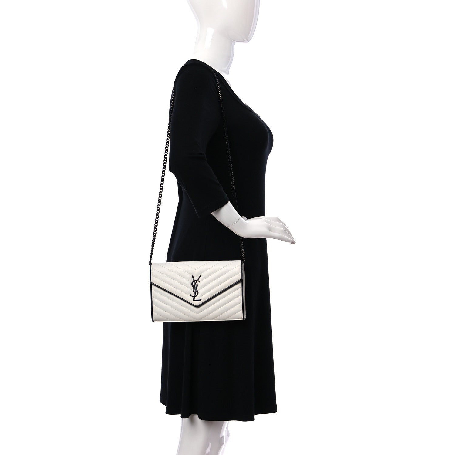 Saint Laurent Grain De Poudre Matelasse Monogram Chain Wallet White Black 2 of 17