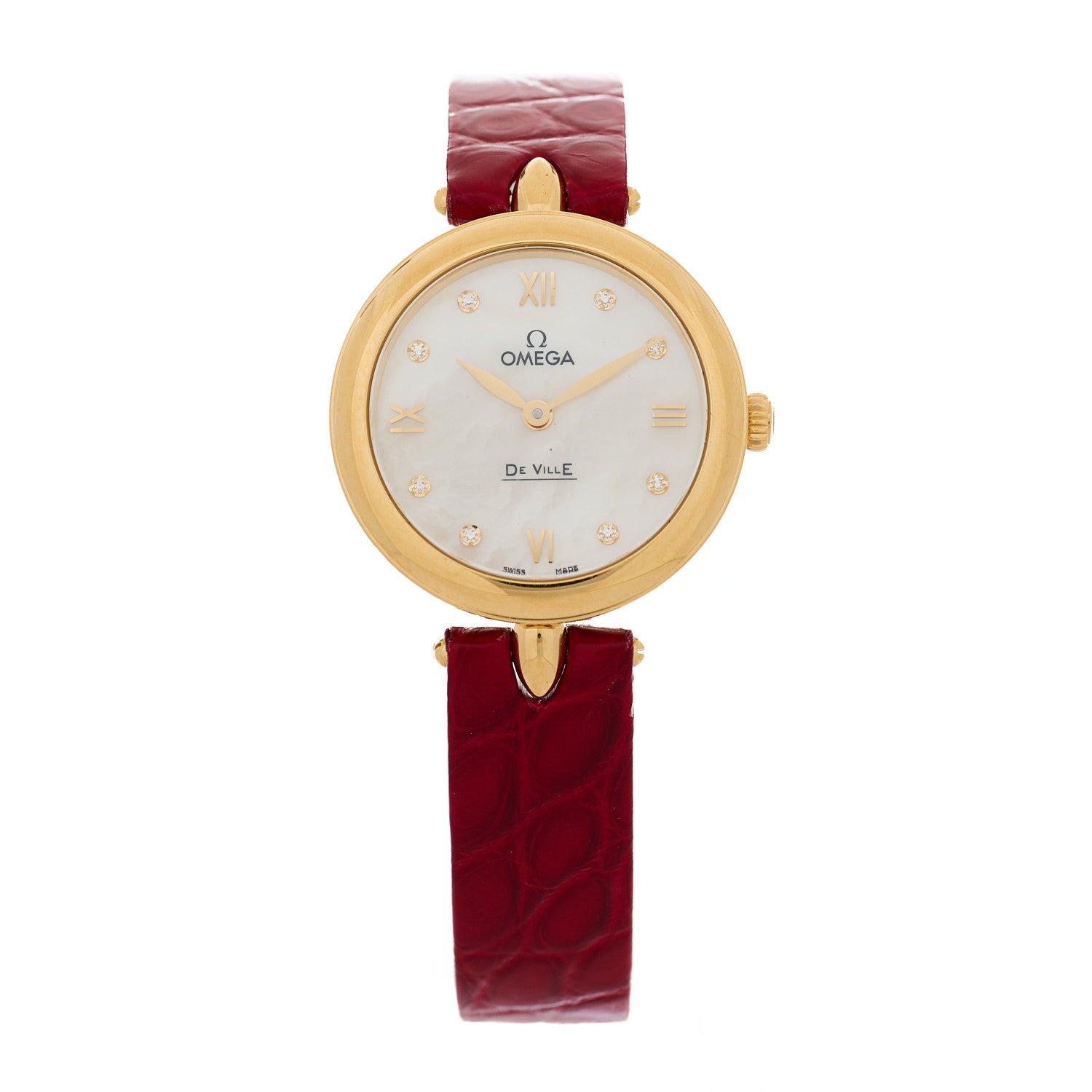 Omega 18K Yellow Gold Alligator Diamond Mother of Pearl 27mm De Ville Prestige Quartz Watch 424.53.27.60.55.001 1 of 4
