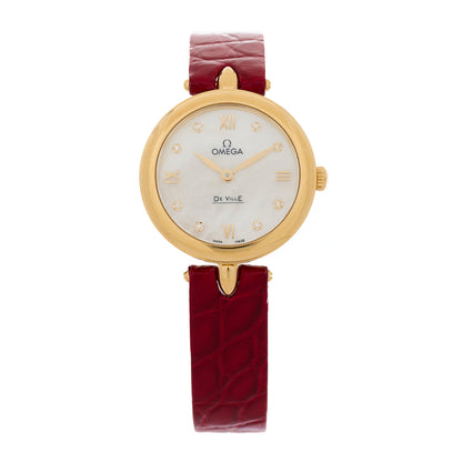 Omega 18K Yellow Gold Alligator Diamond Mother of Pearl 27mm De Ville Prestige Quartz Watch 424.53.27.60.55.001 1 of 4
