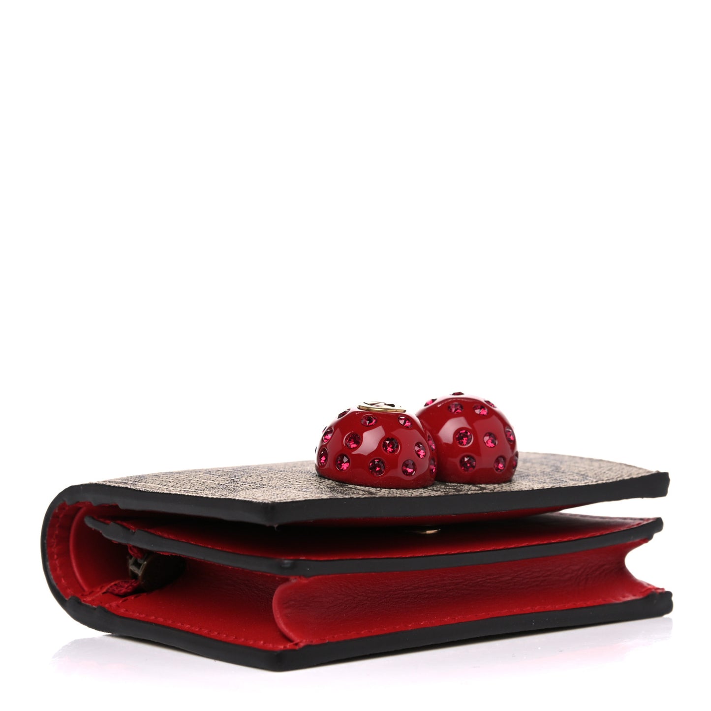 GG Supreme Monogram Cherry Embellished Card Case Wallet Hibiscus Red