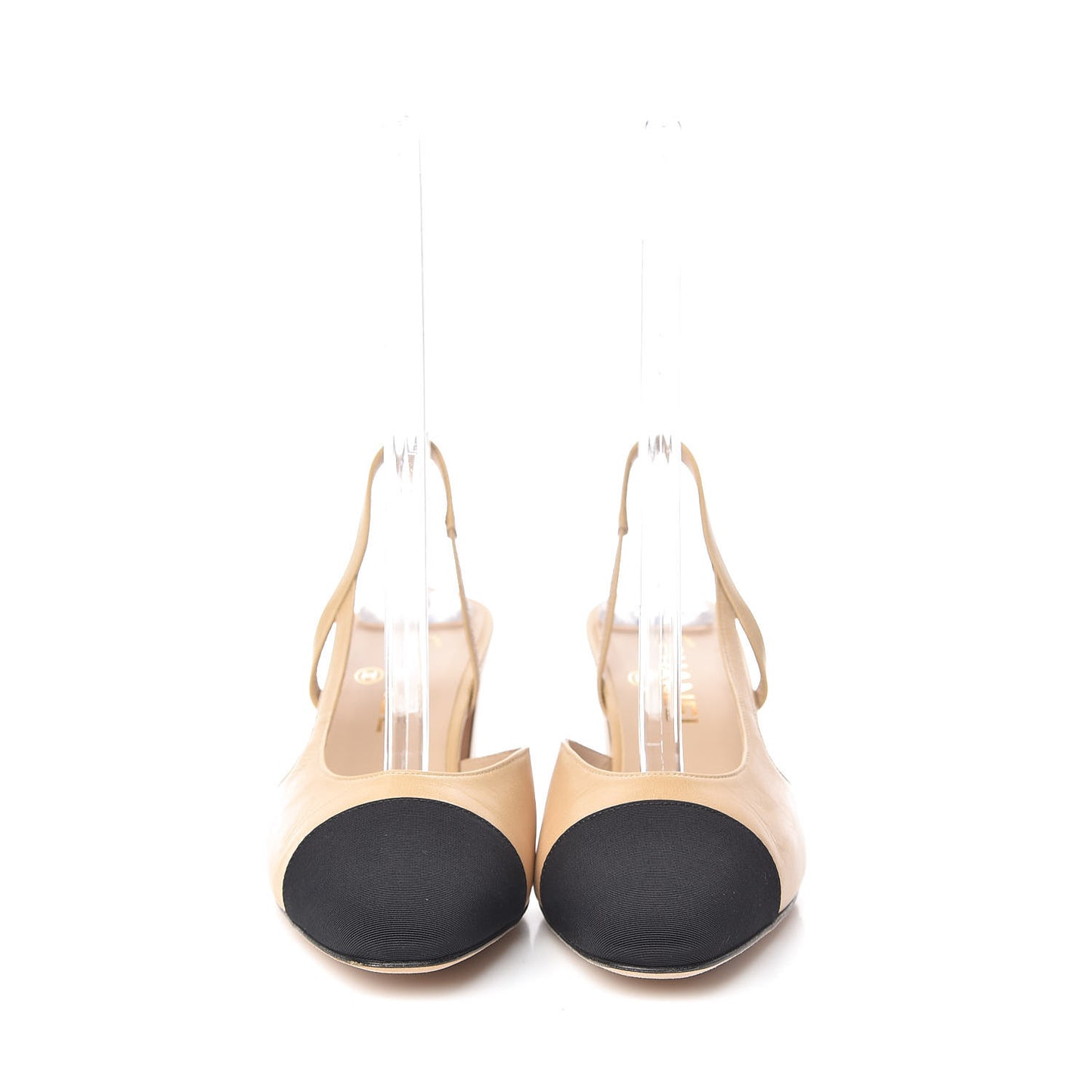 Goatskin Grosgrain Cap Toe CC Slingback Pumps 39.5 Beige Black