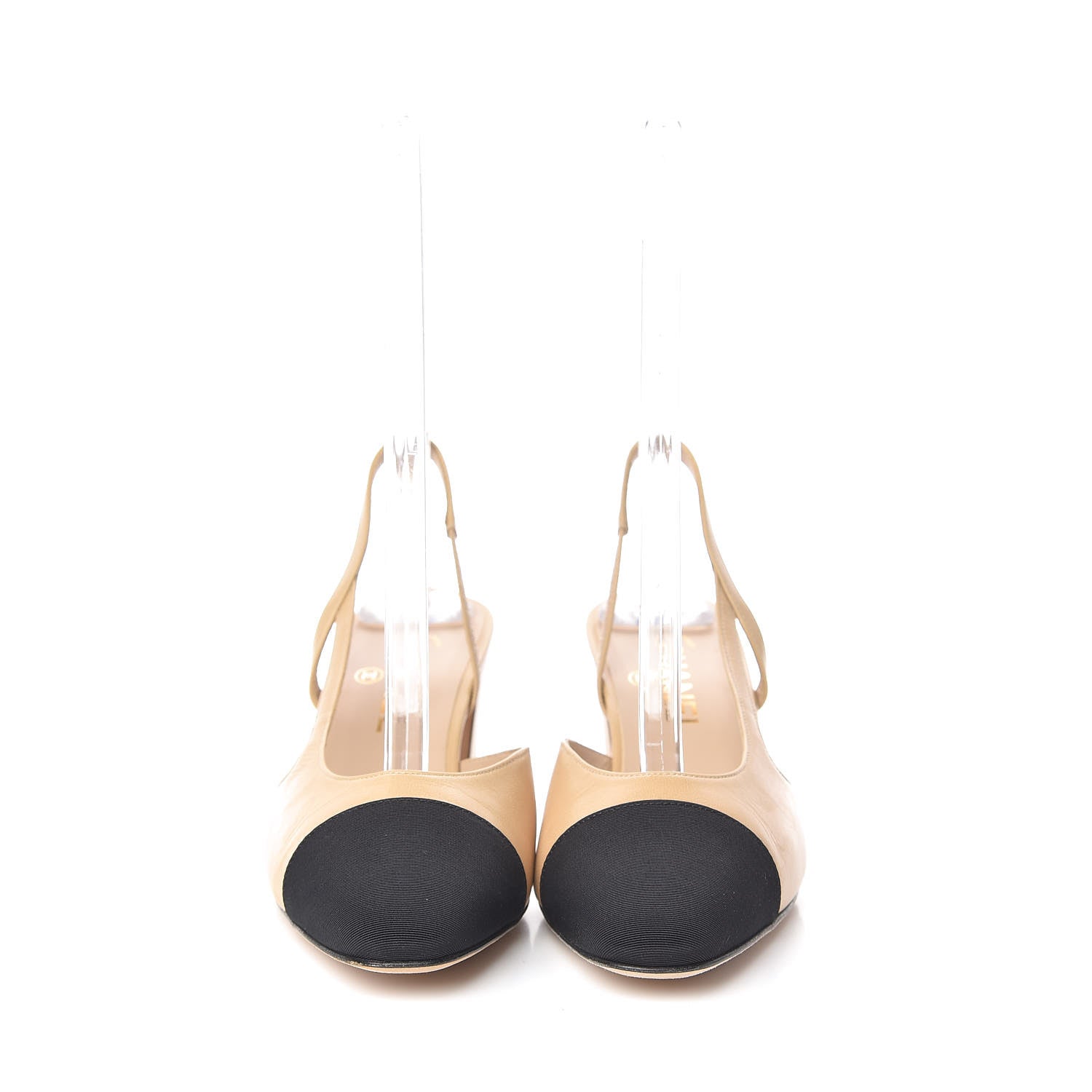 Chanel Goatskin Grosgrain Cap Toe CC Slingback Pumps 39.5 Beige Black 2 of 8